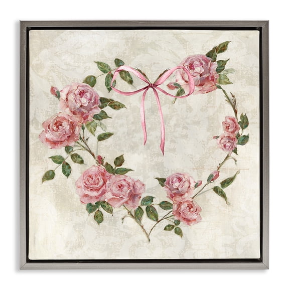 Stupell Industries Rose Heart Wreath Floral Painting Gray Floater Framed Canvas Art Print Wall Art, 18 x 18
