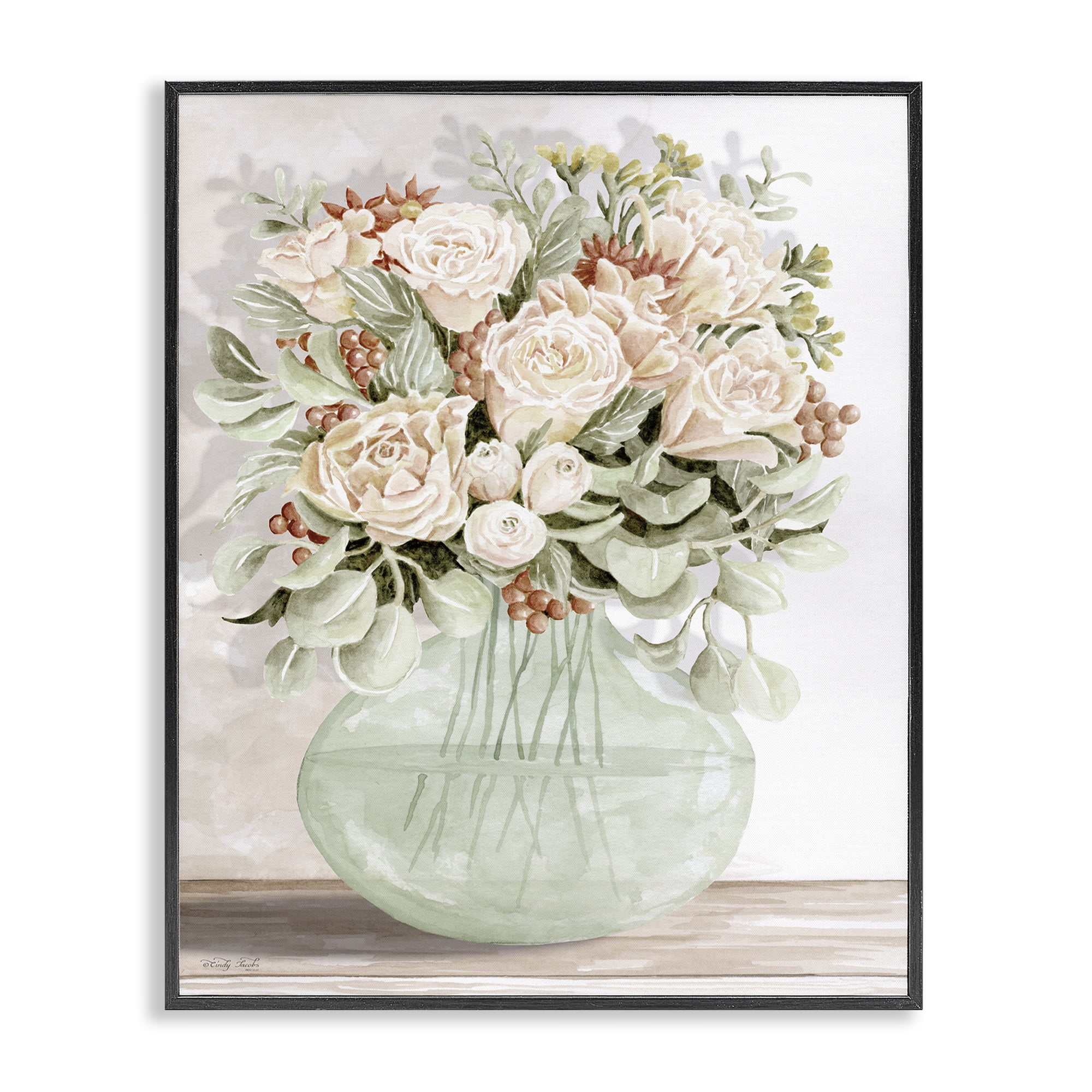 Stupell Industries Rose & Herb Bouquet Plants & Flowers Painting Black Framed Art Print Wall Art, 16 x 20
