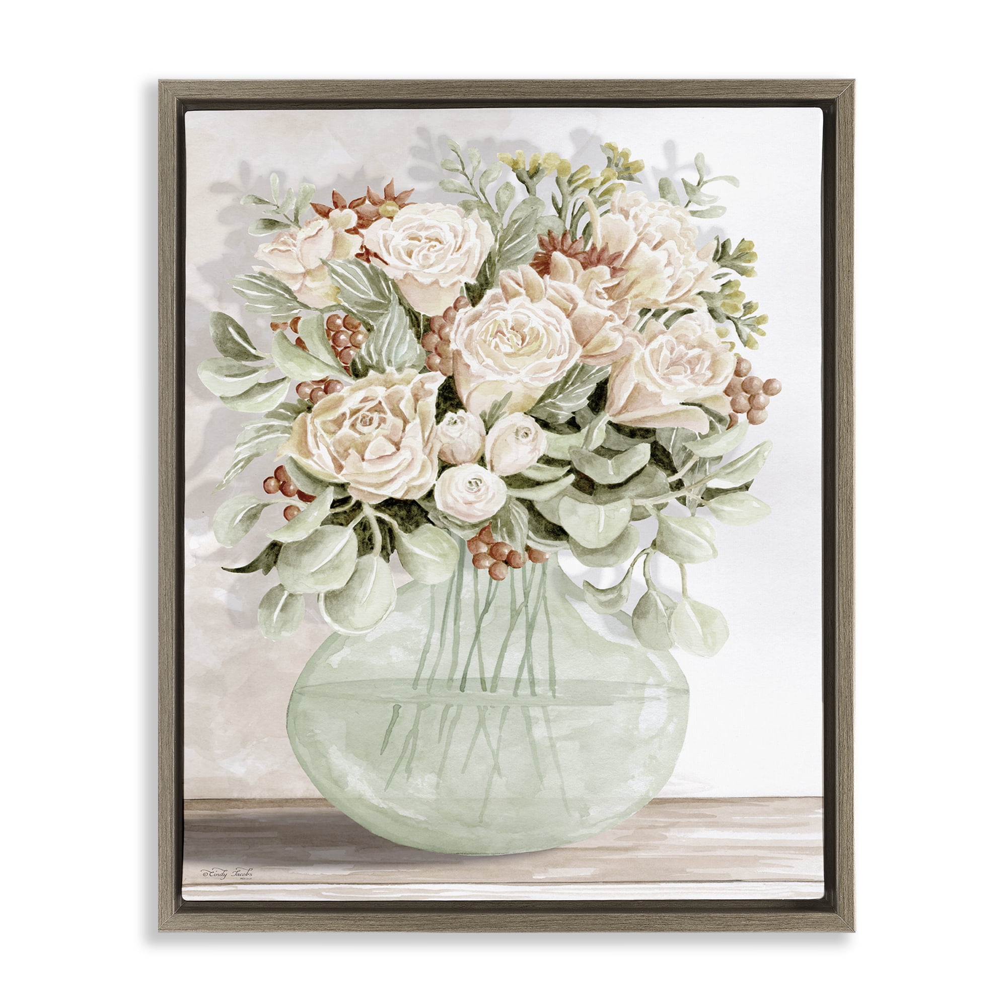 Stupell Industries Rose & Herb Bouquet Plants & Flowers Painting Brown Floater Framed Canvas Art Print Wall Art, 17 x 21