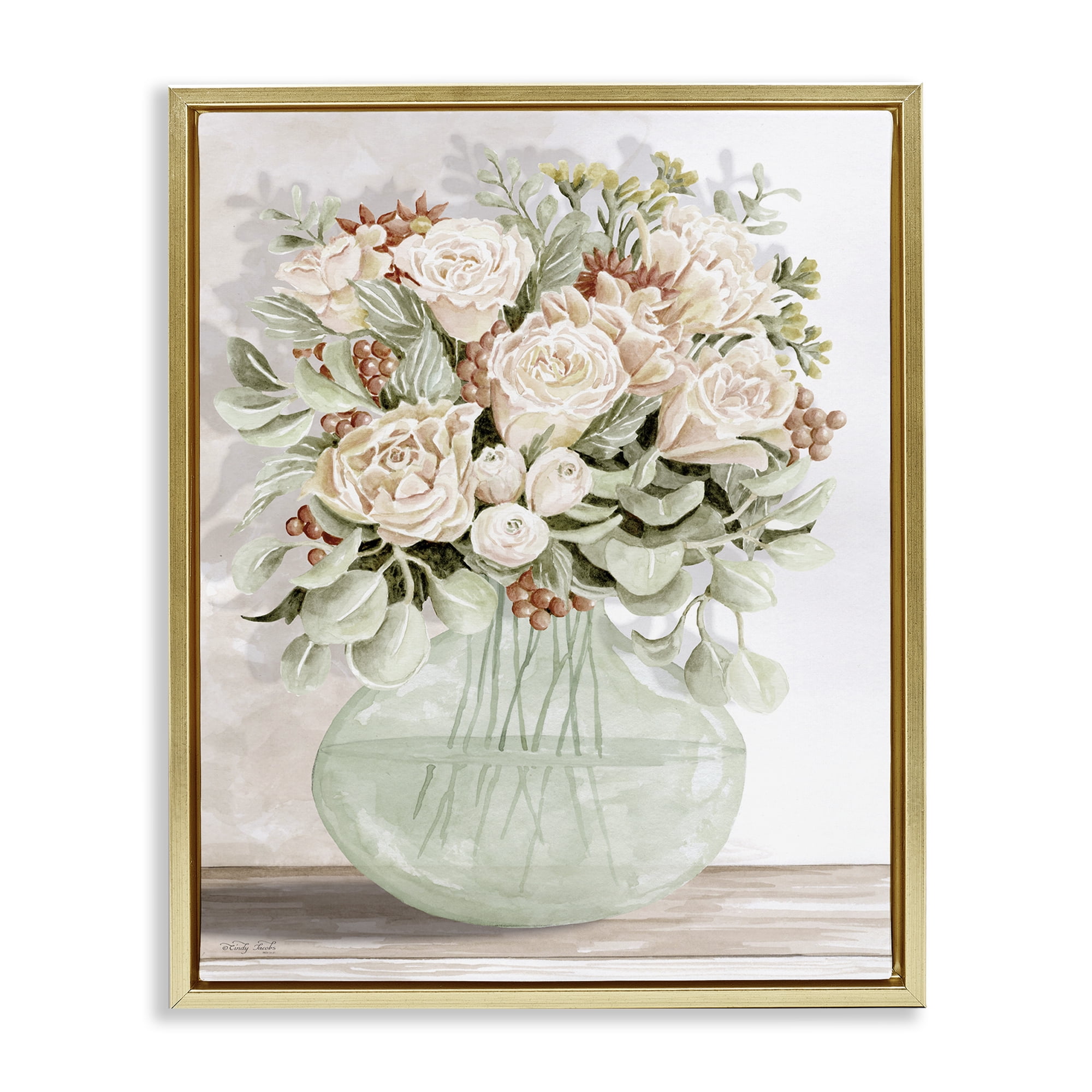 Stupell Industries Rose & Herb Bouquet Plants & Flowers Painting Gold Floater Framed Canvas Art Print Wall Art, 17 x 21