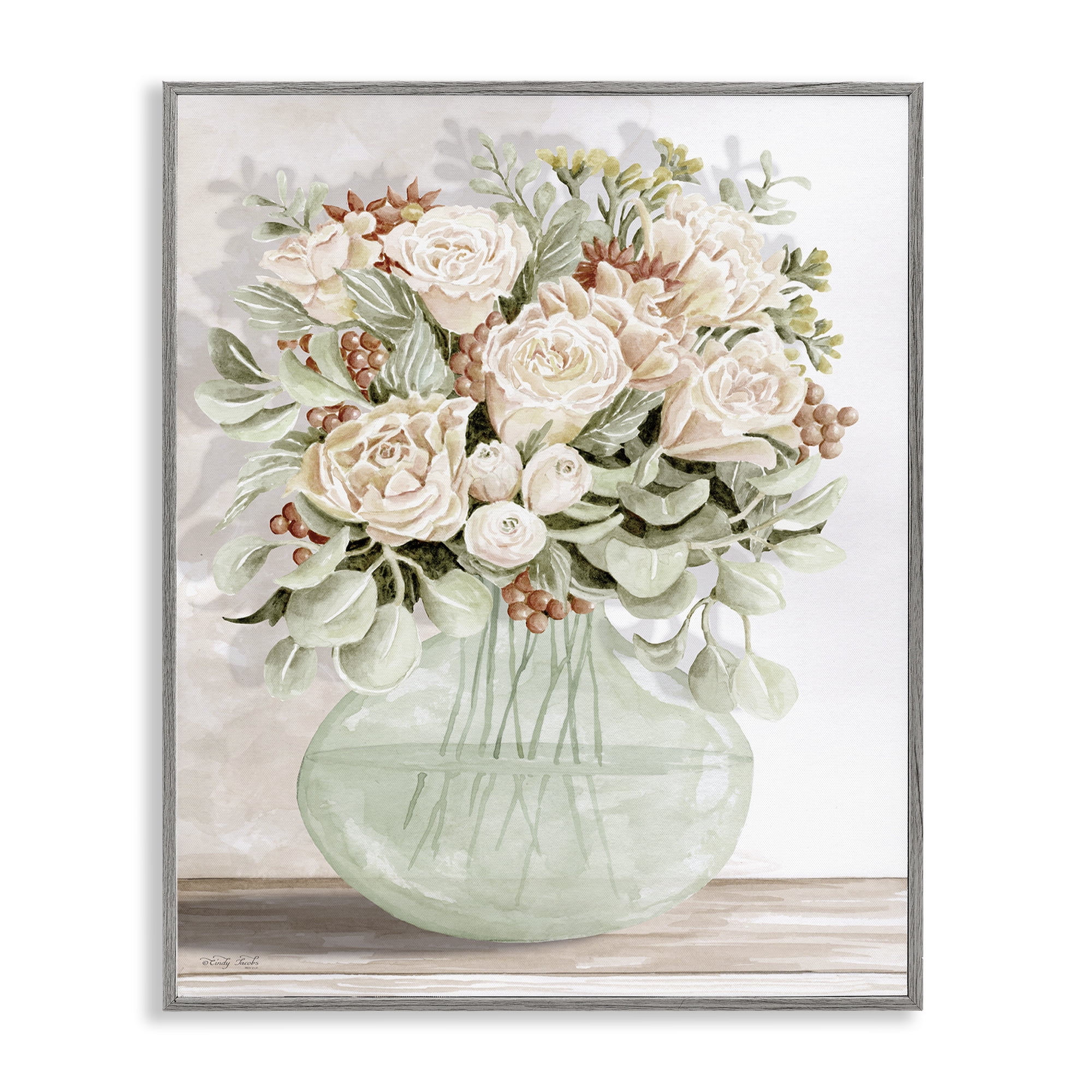 Stupell Industries Rose & Herb Bouquet Plants & Flowers Painting Gray Framed Art Print Wall Art, 16 x 20
