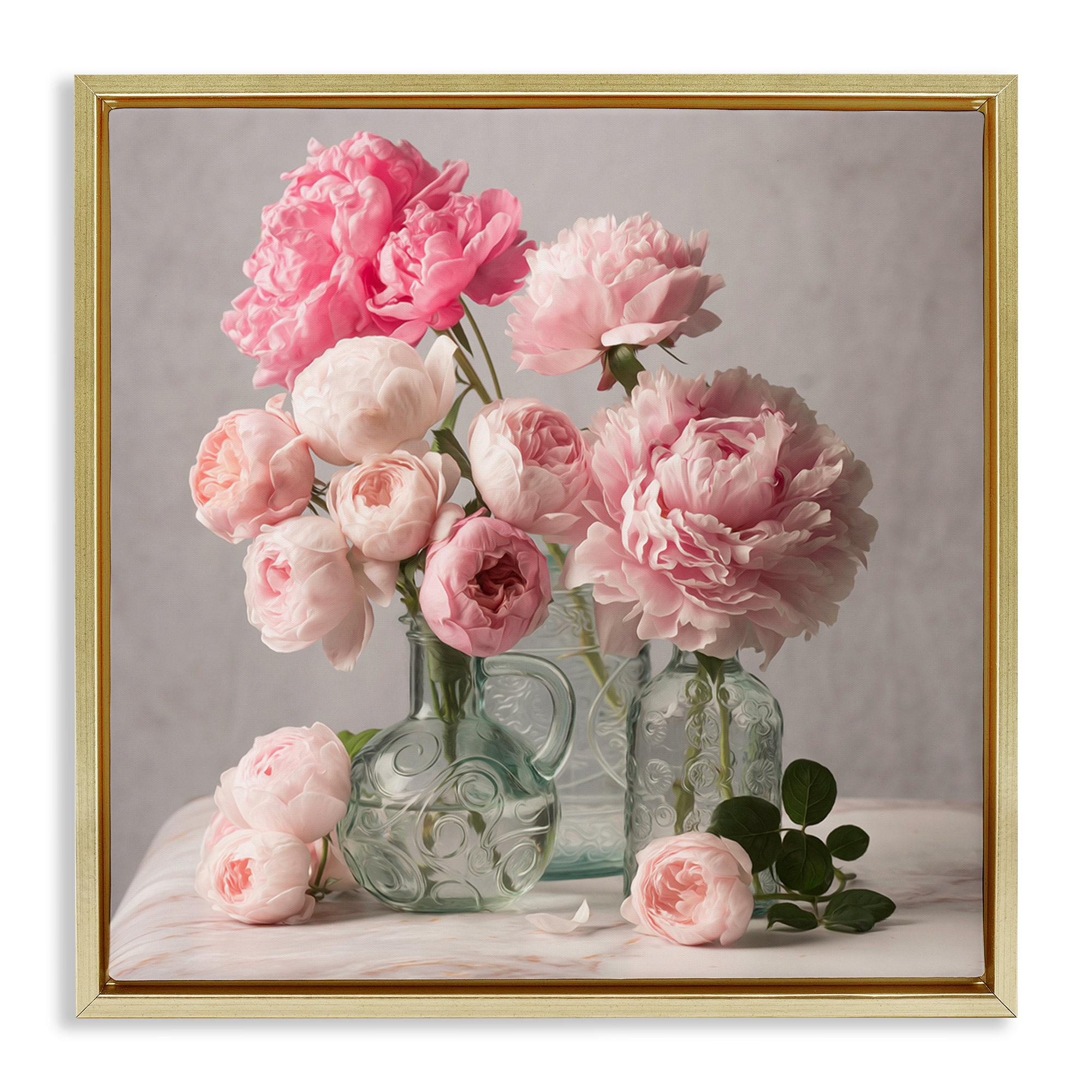 Stupell Industries Rose & Peony Duet Plants & Flowers Painting Gold Floater Framed Canvas Art Print Wall Art, 18 x 18