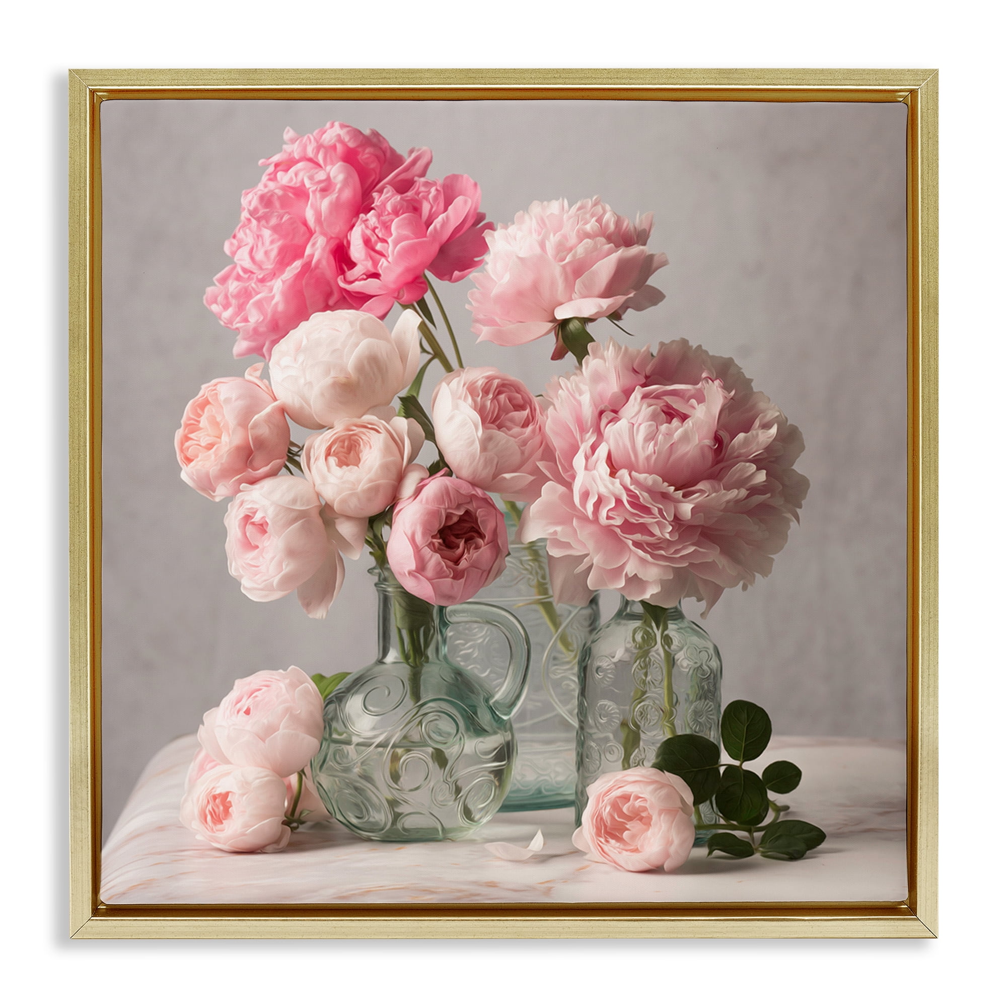 Stupell Industries Rose & Peony Duet Plants & Flowers Painting Gold Floater Framed Canvas Art Print Wall Art, 25 x 25