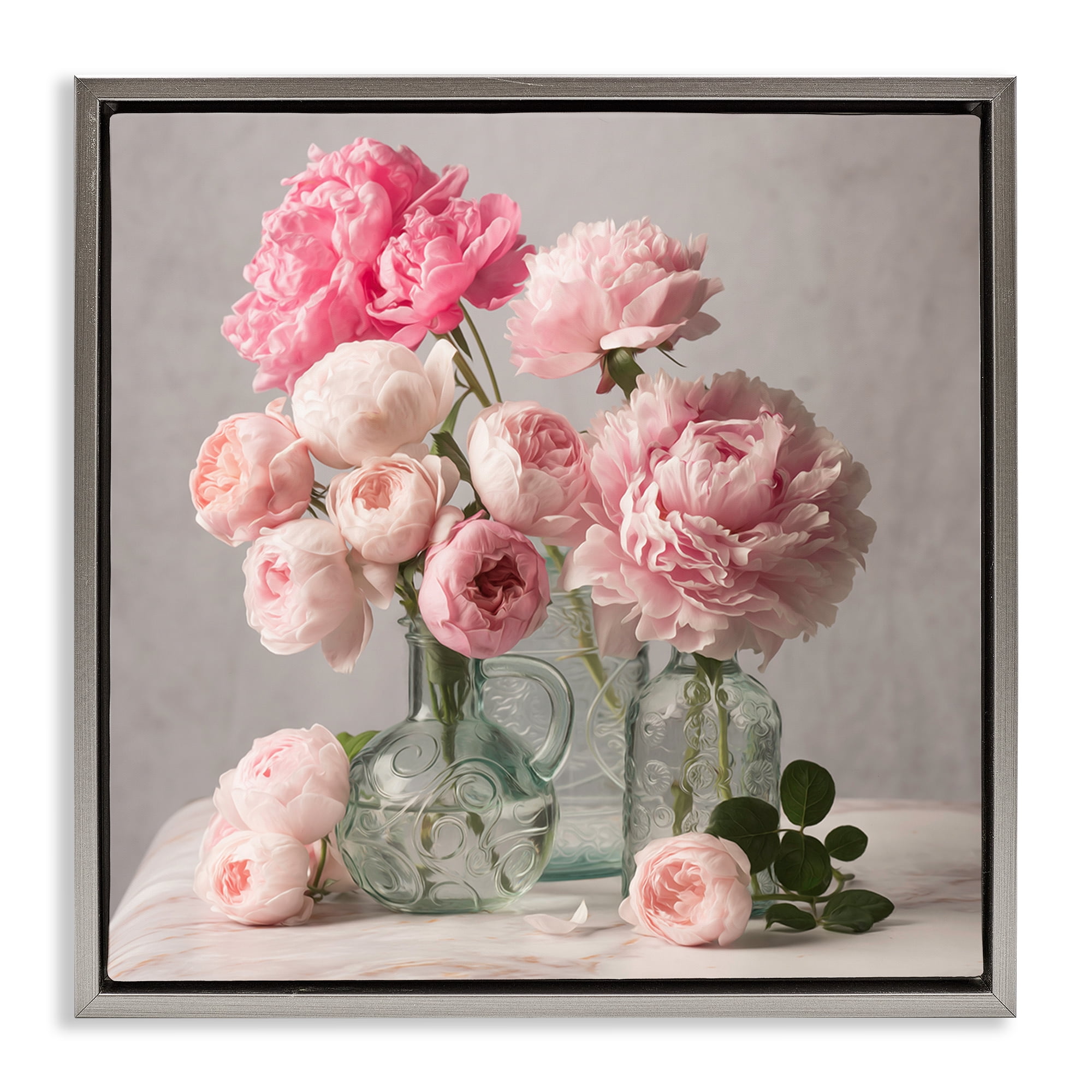 Stupell Industries Rose & Peony Duet Plants & Flowers Painting Gray Floater Framed Canvas Art Print Wall Art, 25 x 25