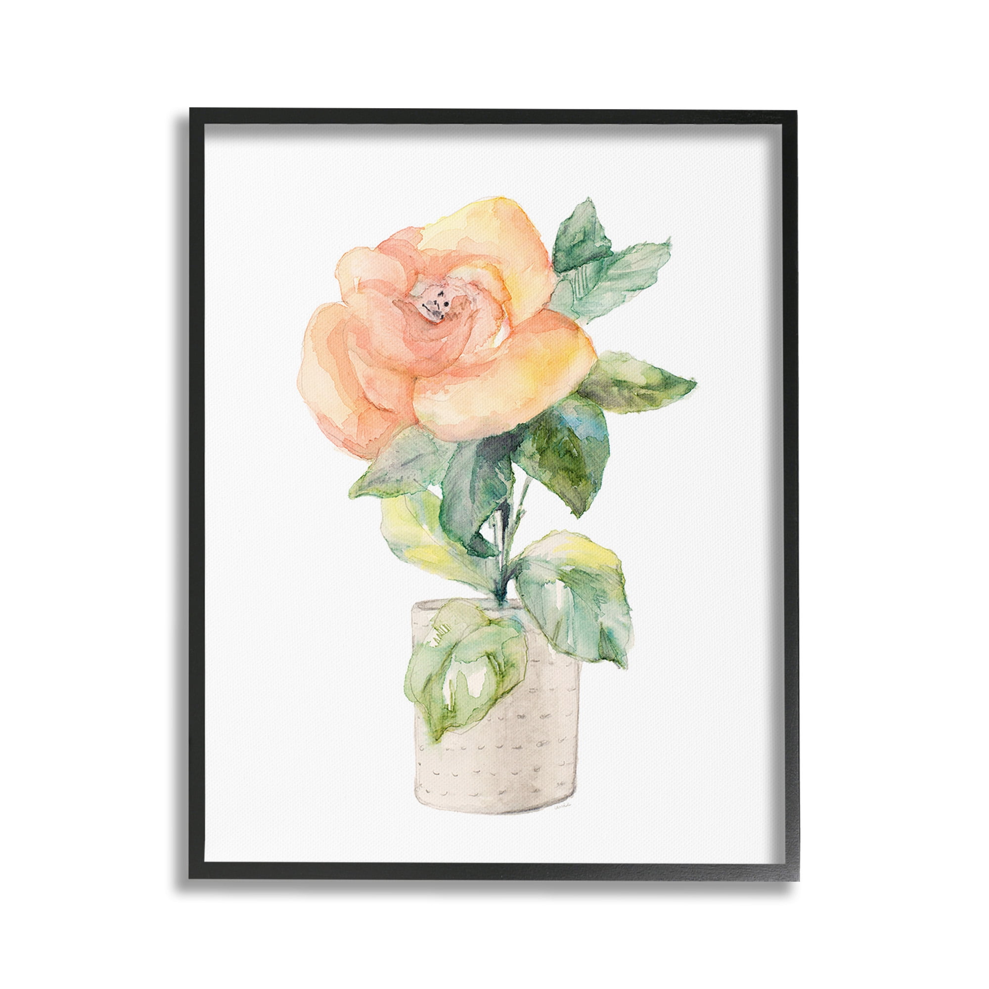 Stupell Industries Rose Sprig in Planter Botanical & Floral Painting Black Framed Art Print Wall Art, 16 x 20