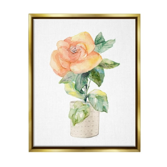 Stupell Industries Rose Sprig in Planter Botanical & Floral Painting Gold Floater Framed Canvas Art Print Wall Art, 17 x 21