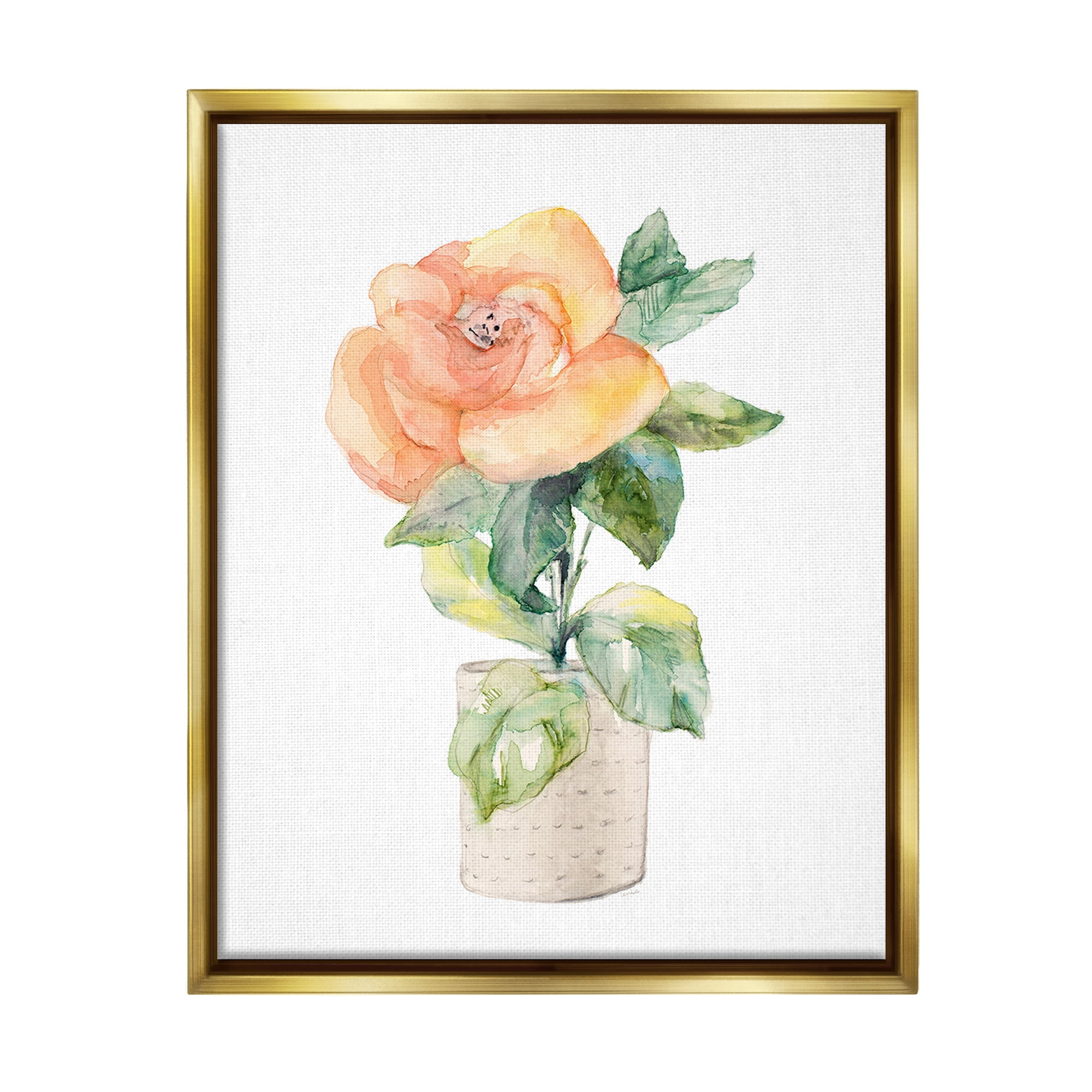 Stupell Industries Rose Sprig in Planter Botanical & Floral Painting Gold Floater Framed Canvas Art Print Wall Art, 25 x 31