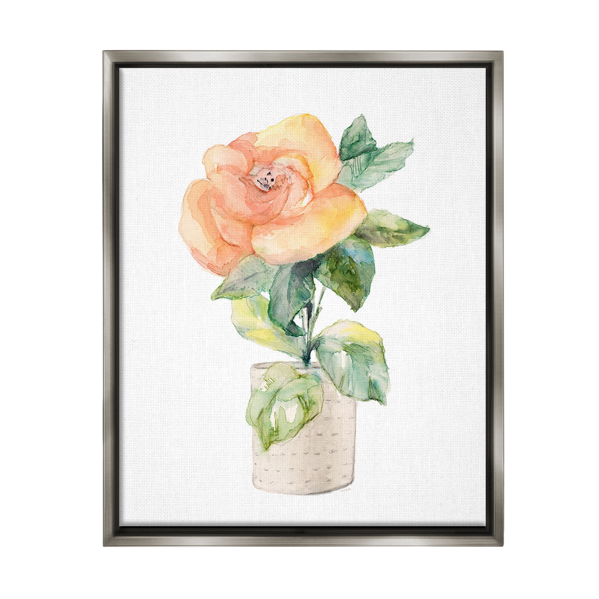 Stupell Industries Rose Sprig in Planter Botanical & Floral Painting Gray Floater Framed Canvas Art Print Wall Art, 17 x 21