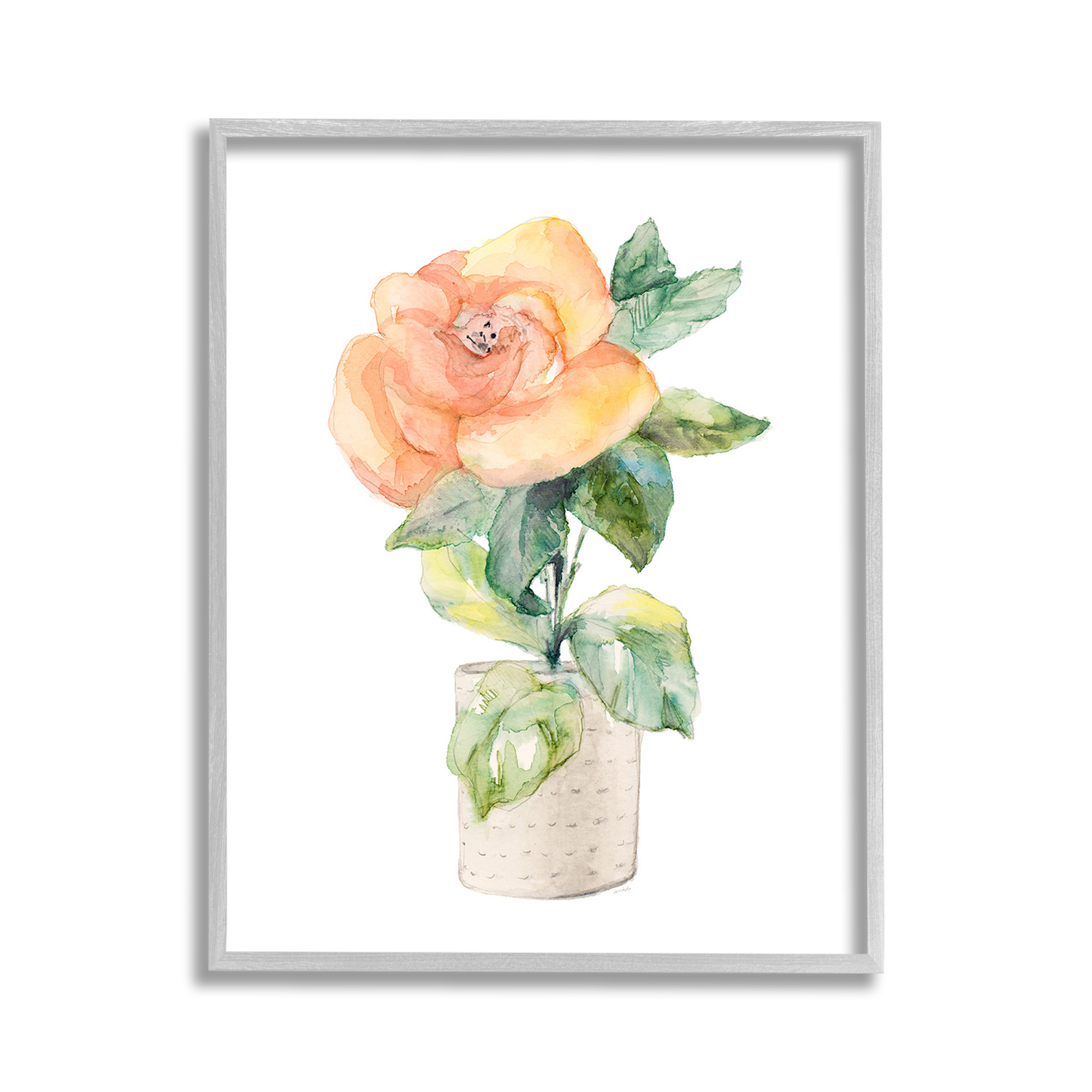 Stupell Industries Rose Sprig in Planter Botanical & Floral Painting Gray Framed Art Print Wall Art, 11 x 14