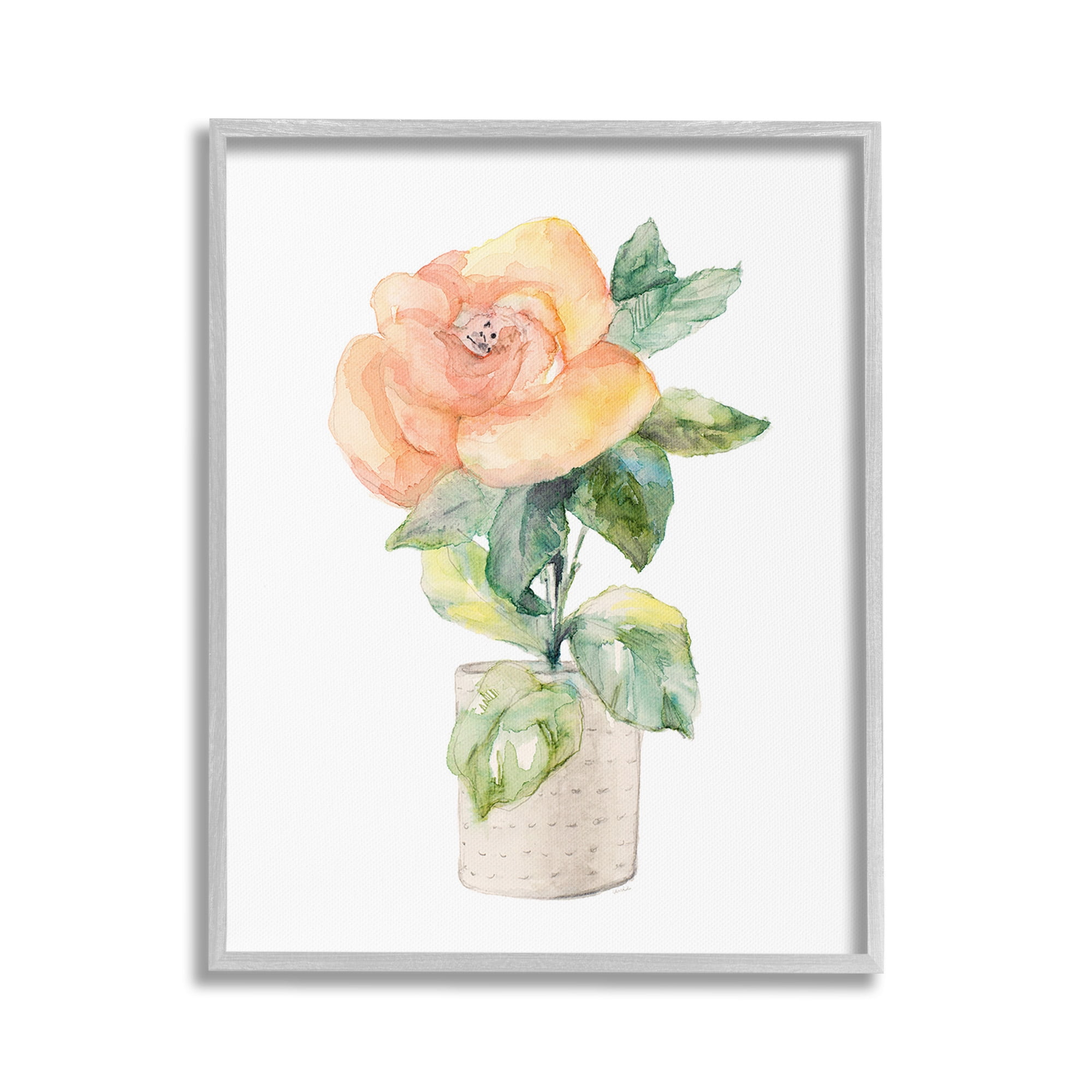 Stupell Industries Rose Sprig in Planter Botanical & Floral Painting Gray Framed Art Print Wall Art, 24 x 30