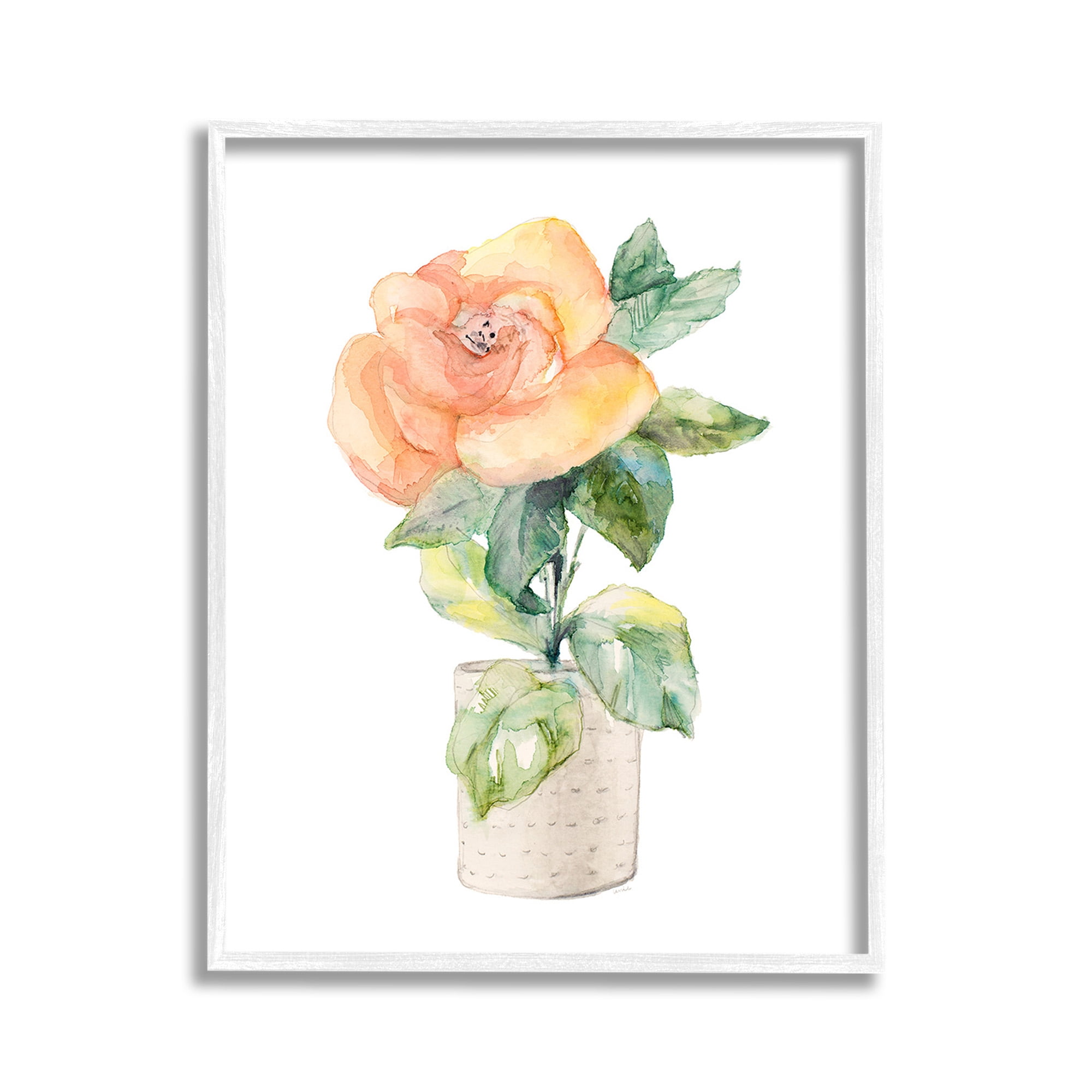 Stupell Industries Rose Sprig in Planter Botanical & Floral Painting White Framed Art Print Wall Art, 11 x 14