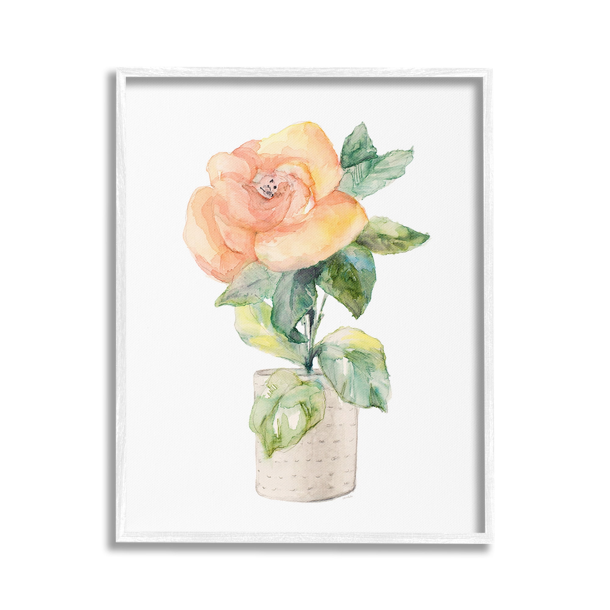 Stupell Industries Rose Sprig in Planter Botanical & Floral Painting White Framed Art Print Wall Art, 16 x 20