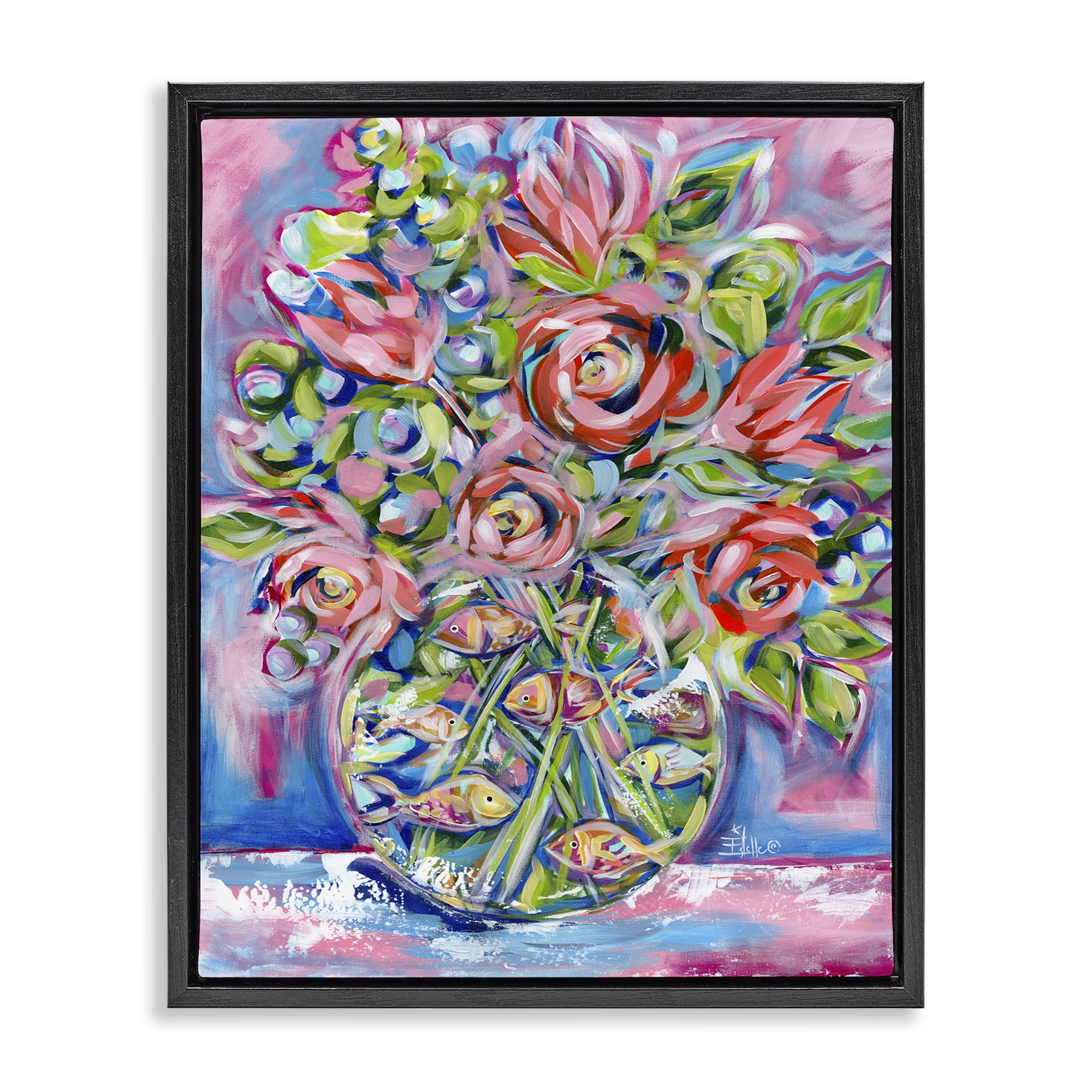 Stupell Industries Roses & Goldfish Vase Botanical & Floral Painting Black Floater Framed Art Print Wall Art, 17 x 21