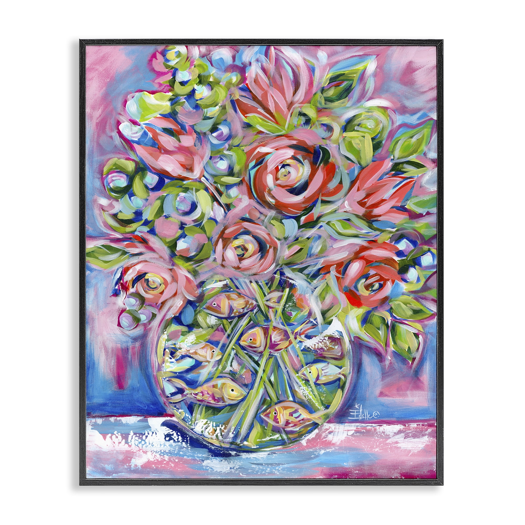 Stupell Industries Roses & Goldfish Vase Botanical & Floral Painting Black Framed Art Print Wall Art, 24 x 30