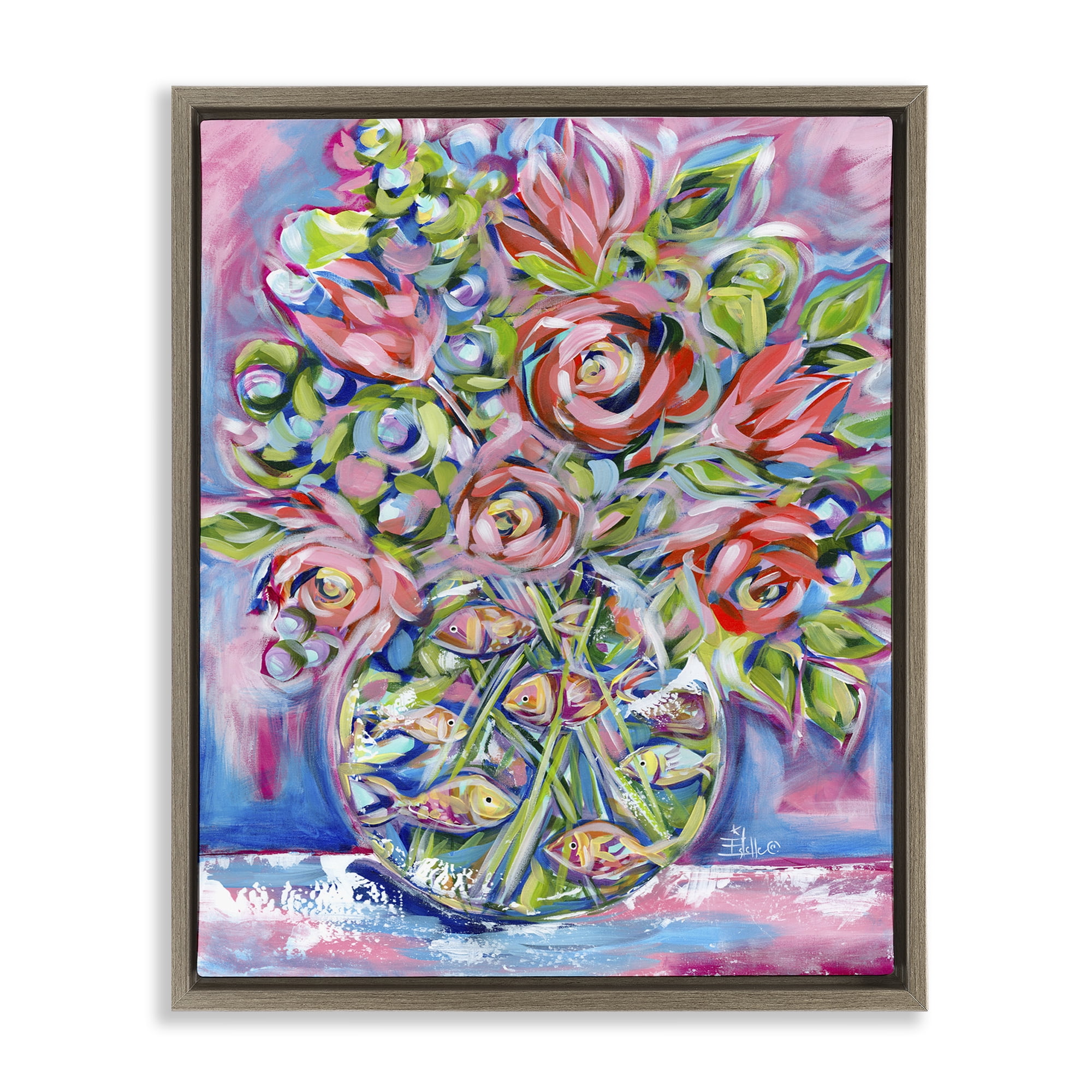 Stupell Industries Roses & Goldfish Vase Botanical & Floral Painting Brown Floater Framed Art Print Wall Art, 25 x 31