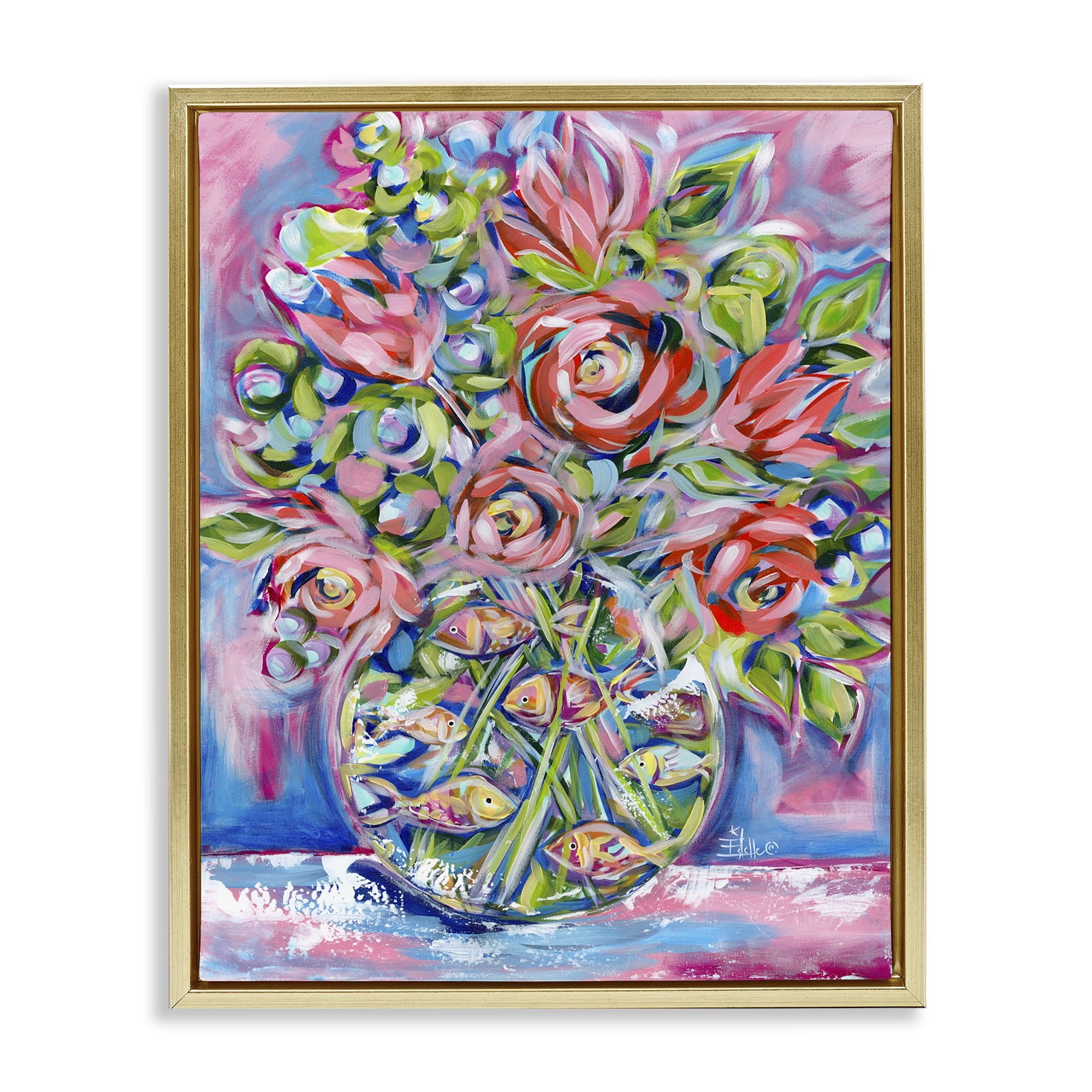 Stupell Industries Roses & Goldfish Vase Botanical & Floral Painting Gold Floater Framed Art Print Wall Art, 17 x 21