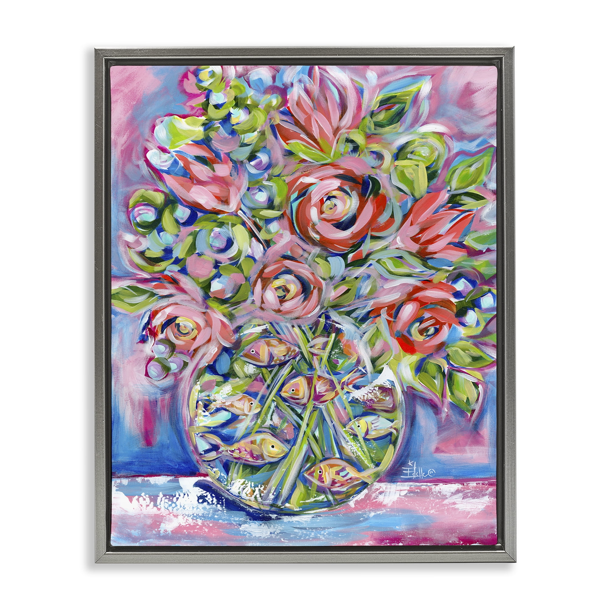 Stupell Industries Roses & Goldfish Vase Botanical & Floral Painting Gray Floater Framed Art Print Wall Art, 17 x 21