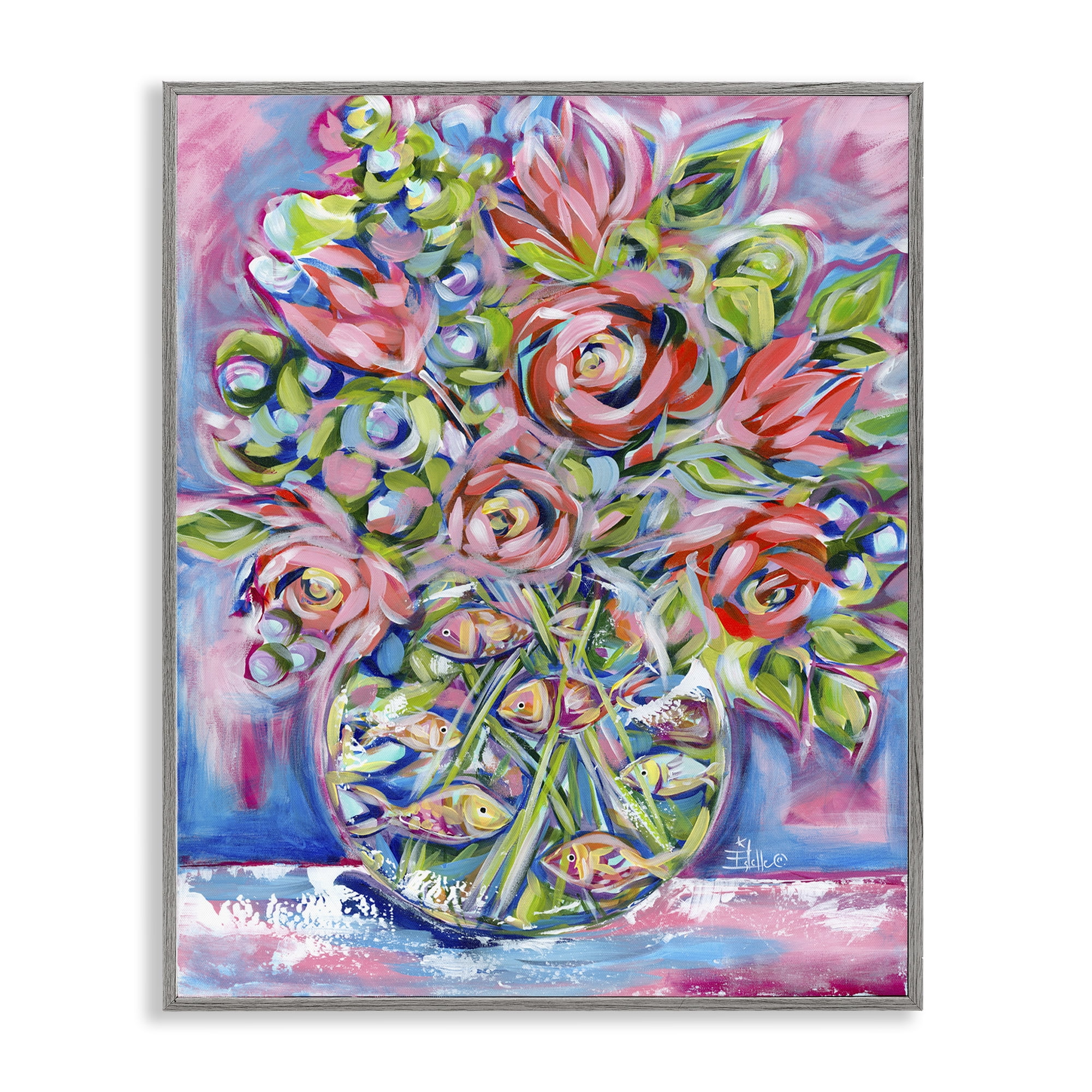 Stupell Industries Roses & Goldfish Vase Botanical & Floral Painting Gray Framed Art Print Wall Art, 11 x 14