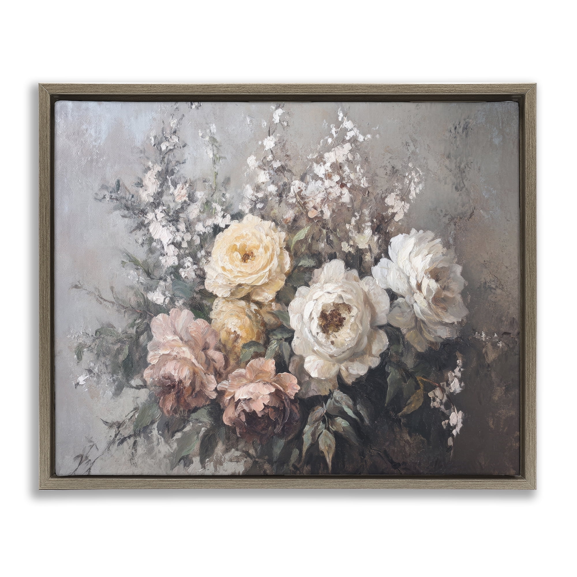 Stupell Industries Roses & Peonies on Gray Plants & Flowers Painting Brown Floater Framed Canvas Art Print Wall Art, 31 x 25