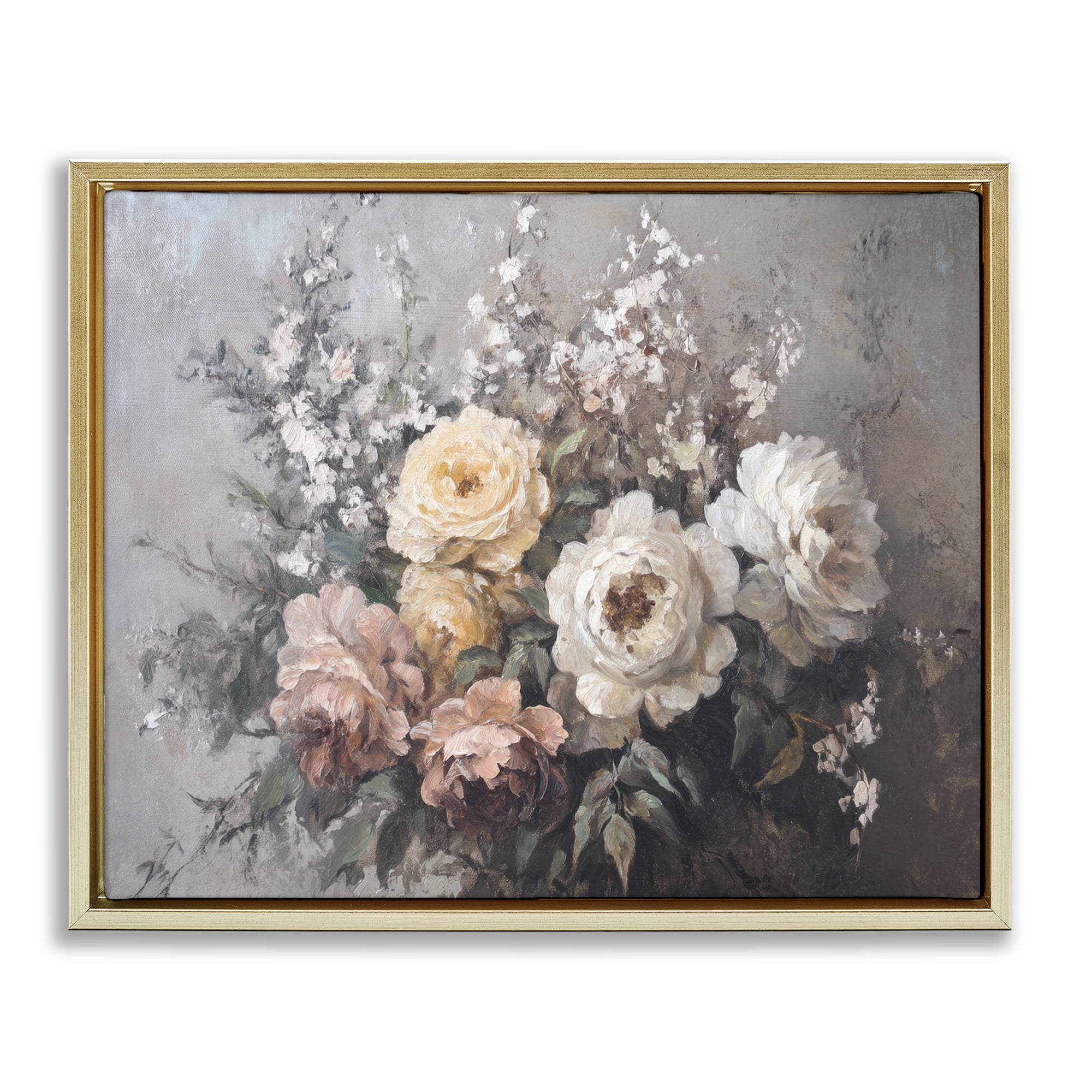 Stupell Industries Roses & Peonies on Gray Plants & Flowers Painting Gold Floater Framed Canvas Art Print Wall Art, 31 x 25