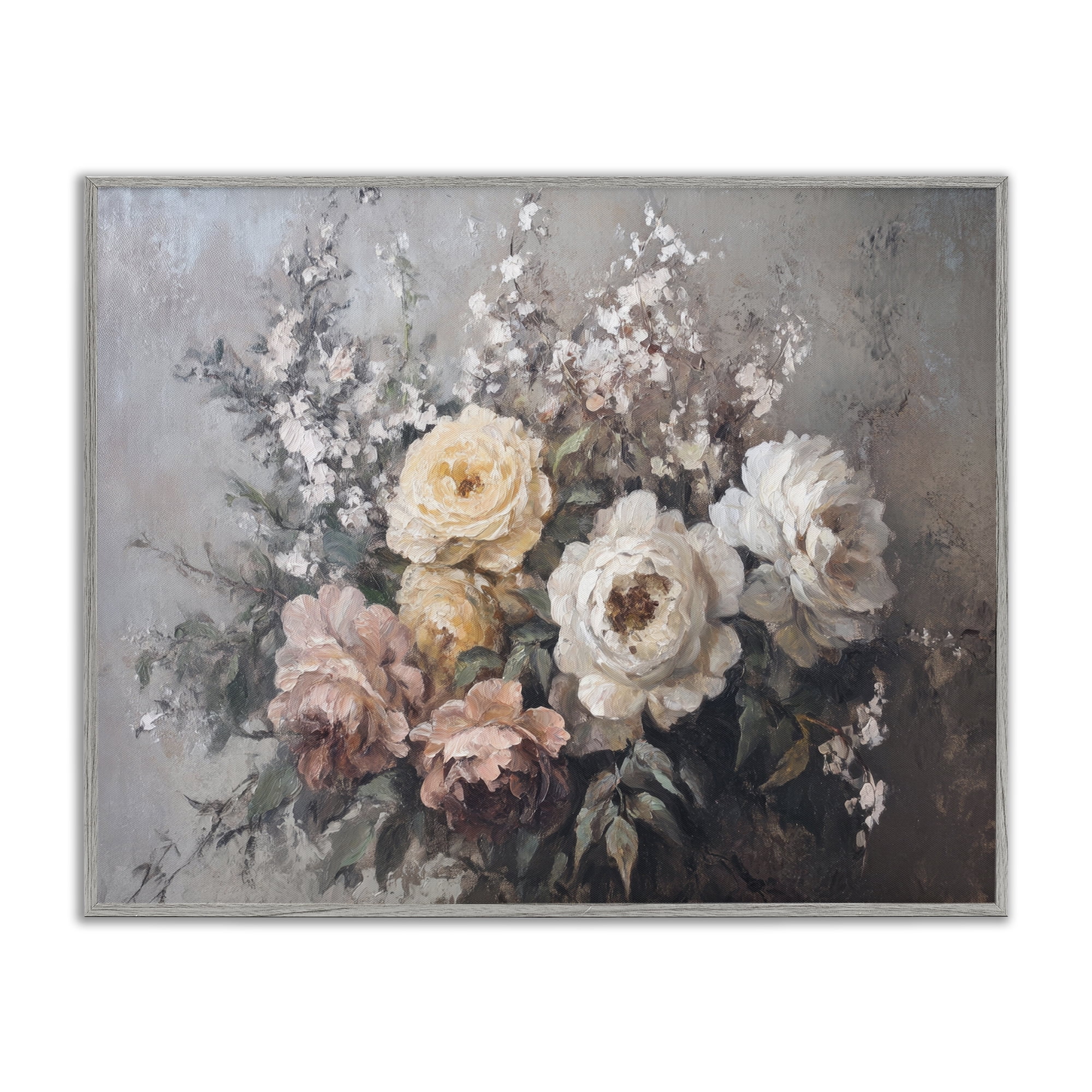 Stupell Industries Roses & Peonies on Gray Plants & Flowers Painting Gray Framed Art Print Wall Art, 20 x 16