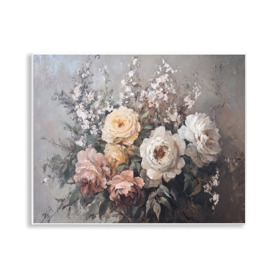 Stupell Industries Roses & Peonies on Gray Plants & Flowers Painting Unframed Art Print Wall Art, 14 x 11