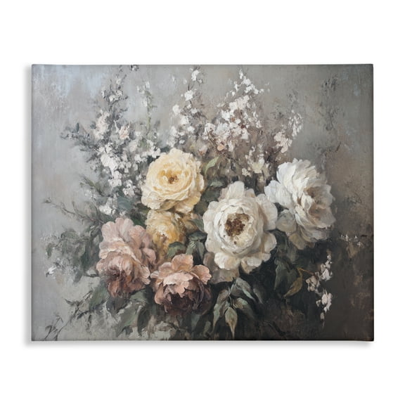 Stupell Industries Roses & Peonies on Gray Plants & Flowers Painting Wrapped Canvas Art Print Wall Art, 20 x 16