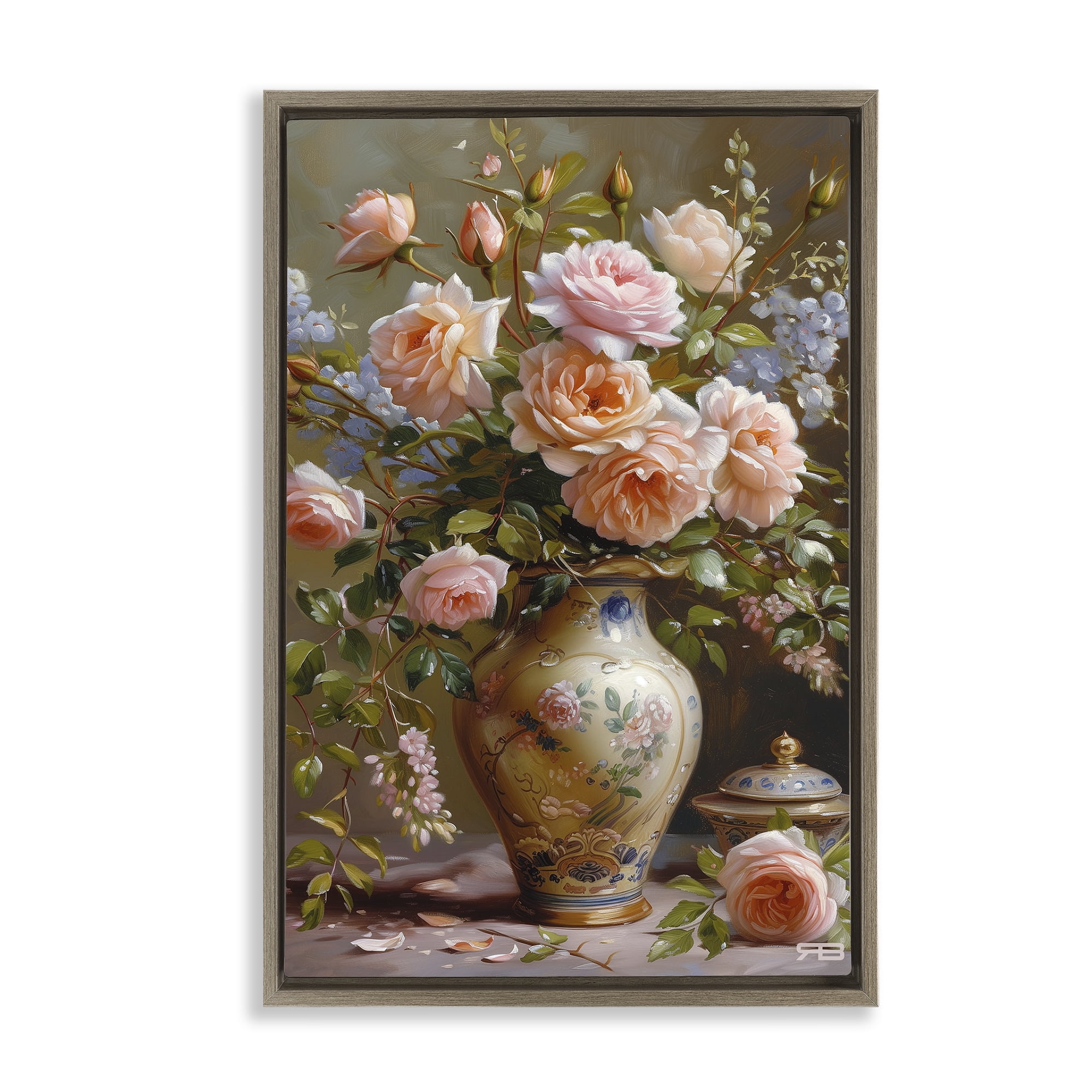 Stupell Industries Roses in Traditional Vase Botanical & Floral Painting Brown Floater Framed Art Print Wall Art, 21 x 31