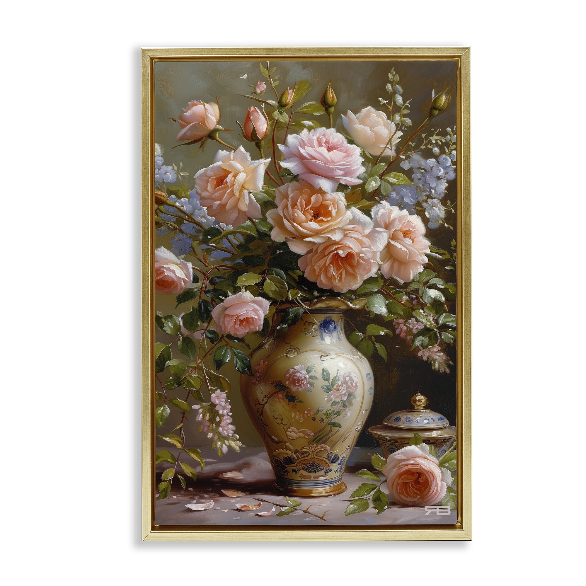 Stupell Industries Roses in Traditional Vase Botanical & Floral Painting Gold Floater Framed Art Print Wall Art, 21 x 31