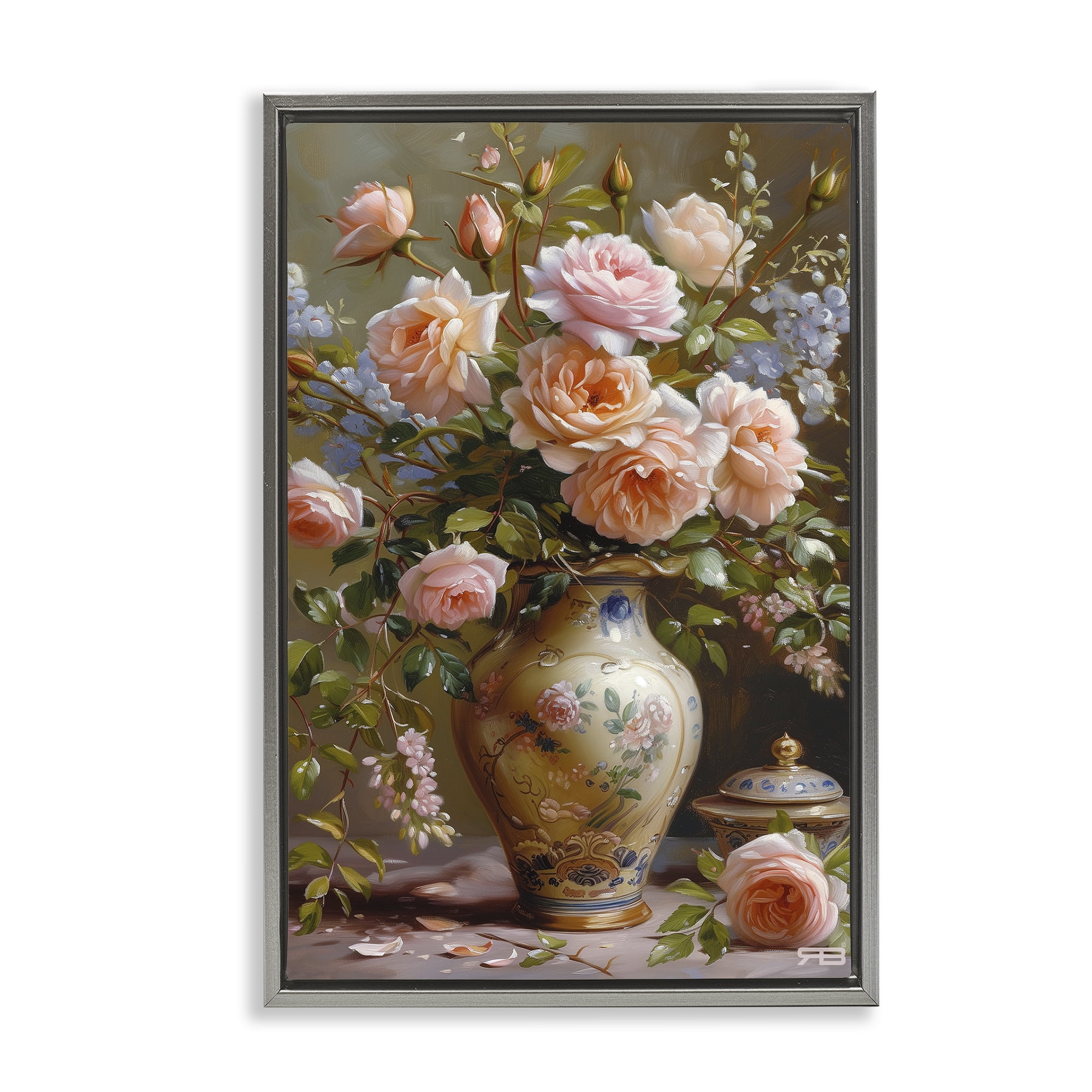 Stupell Industries Roses in Traditional Vase Botanical & Floral Painting Gray Floater Framed Art Print Wall Art, 21 x 31