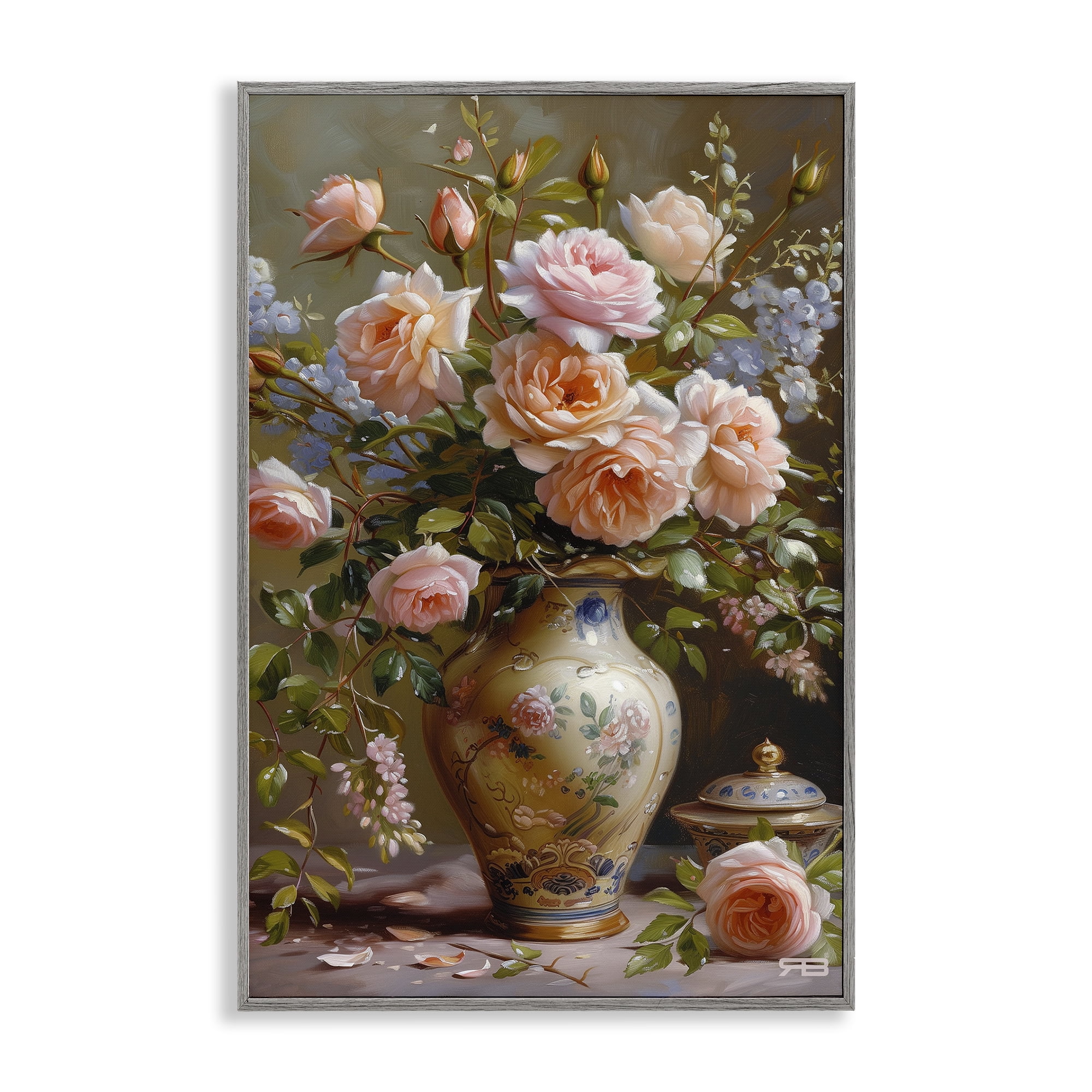 Stupell Industries Roses in Traditional Vase Botanical & Floral Painting Gray Framed Art Print Wall Art, 12 x 18