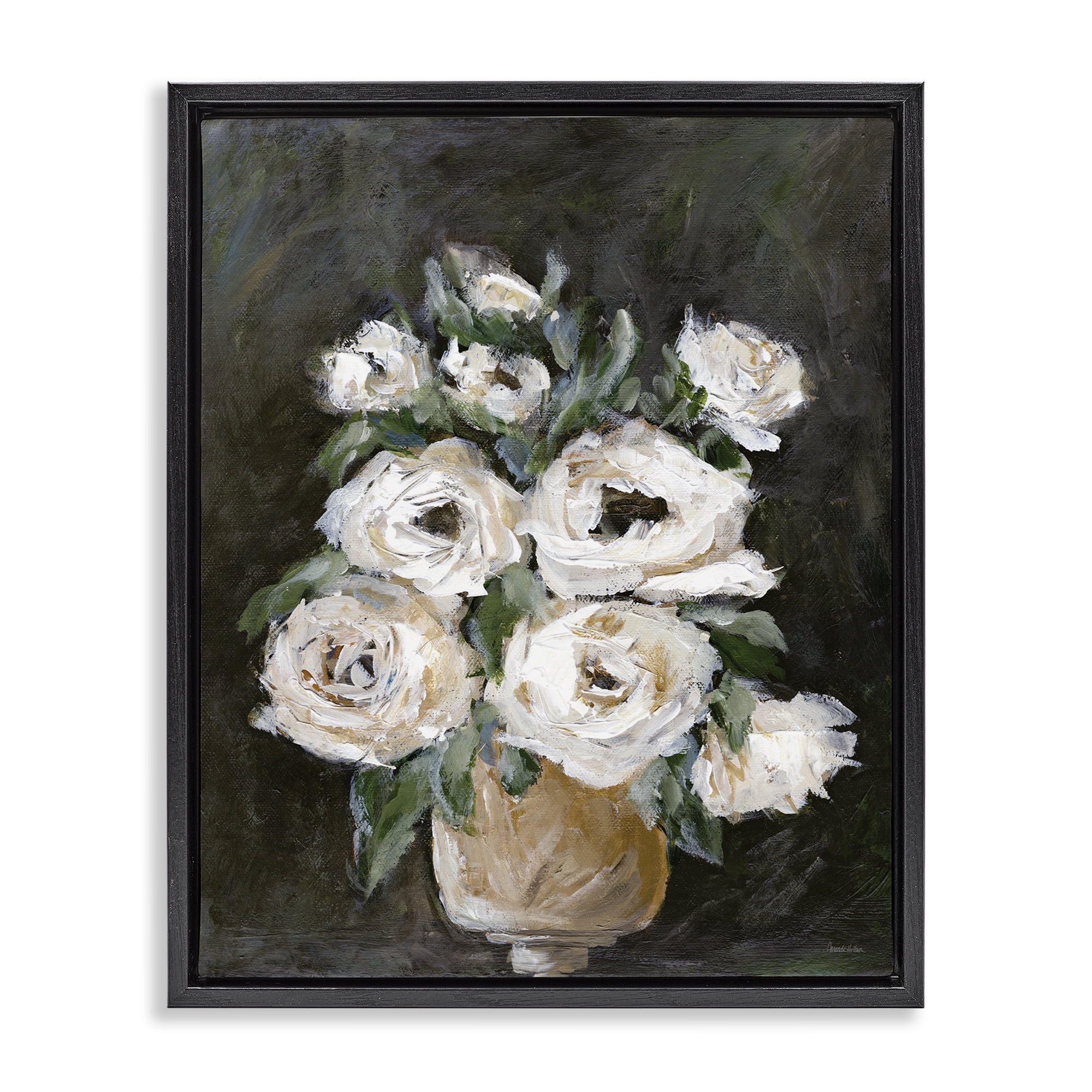Stupell Industries Roses on Black Still Life Plants & Flowers Painting Black Floater Framed Canvas Art Print Wall Art, 17 x 21