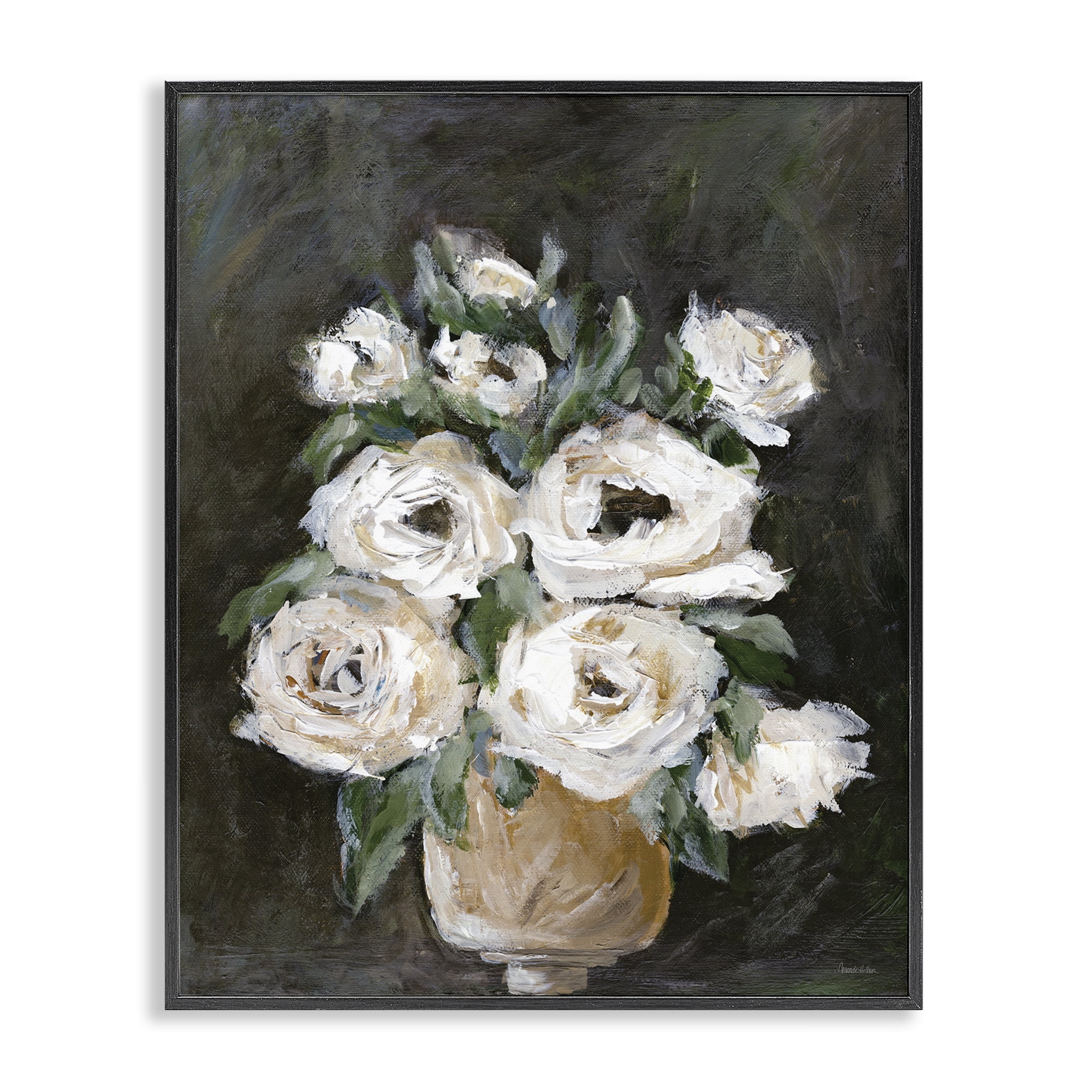 Stupell Industries Roses on Black Still Life Plants & Flowers Painting Black Framed Art Print Wall Art, 16 x 20