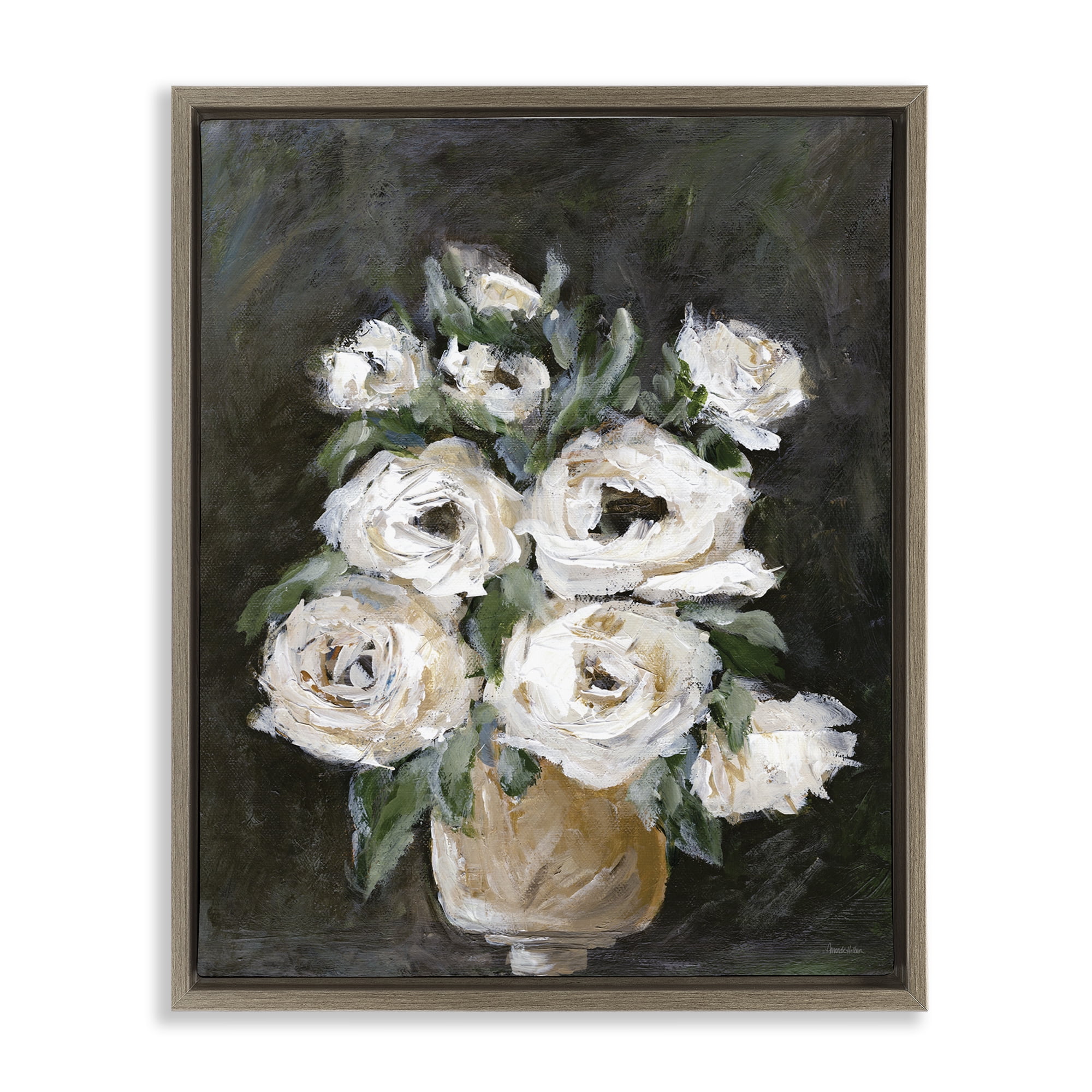 Stupell Industries Roses on Black Still Life Plants & Flowers Painting Brown Floater Framed Canvas Art Print Wall Art, 25 x 31
