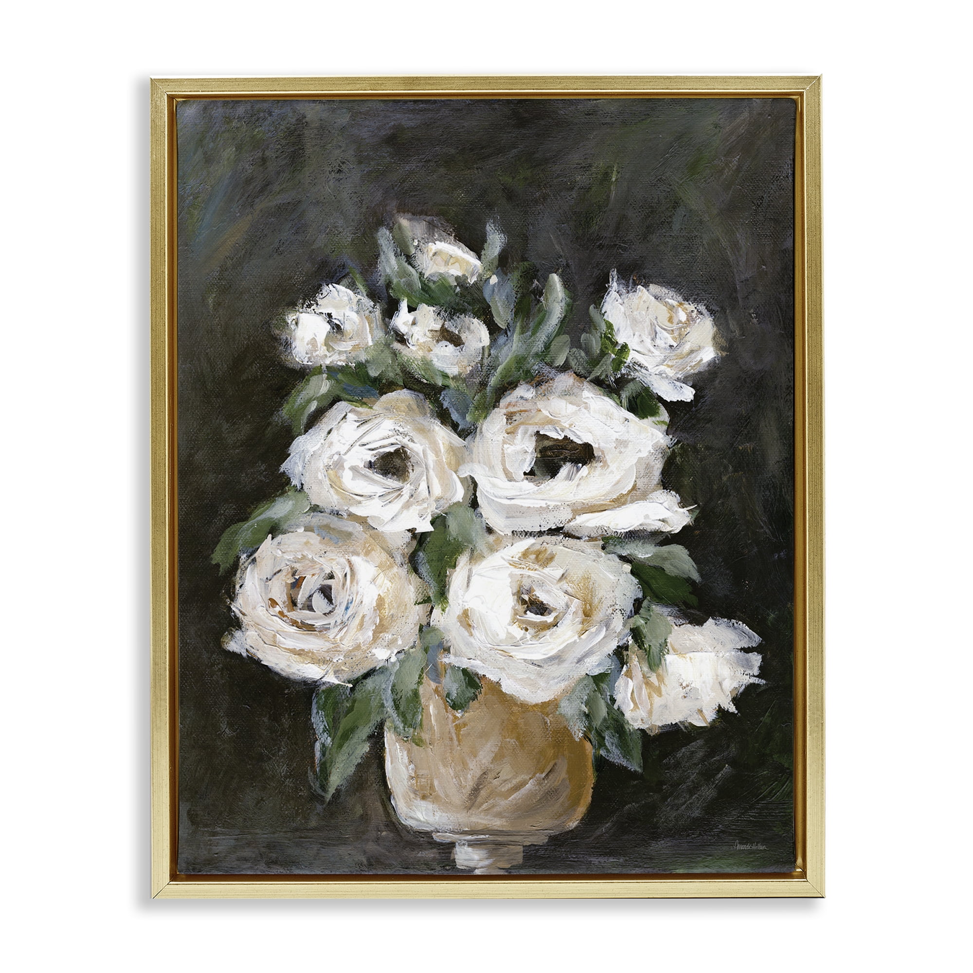 Stupell Industries Roses on Black Still Life Plants & Flowers Painting Gold Floater Framed Canvas Art Print Wall Art, 17 x 21