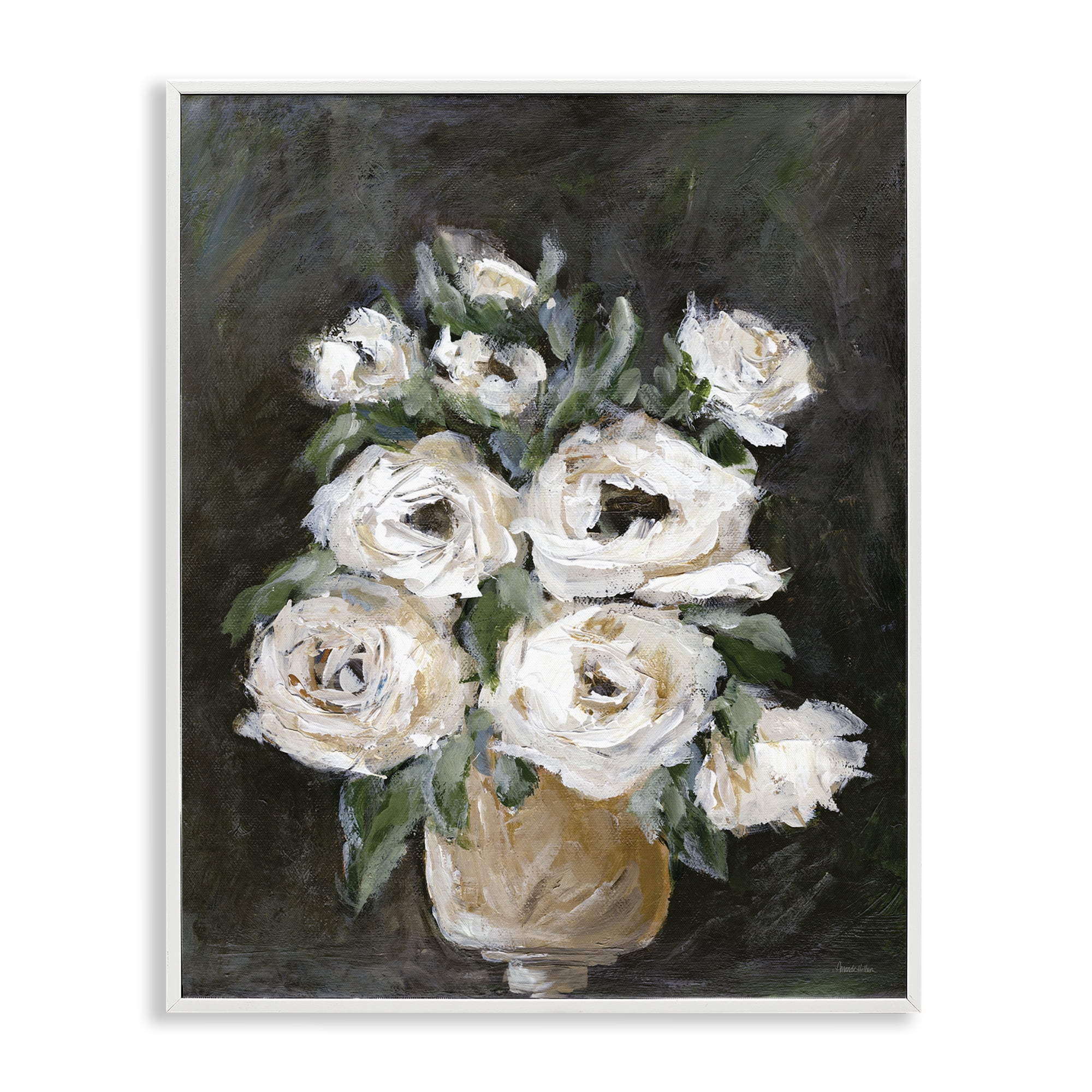 Stupell Industries Roses on Black Still Life Plants & Flowers Painting White Framed Art Print Wall Art, 16 x 20
