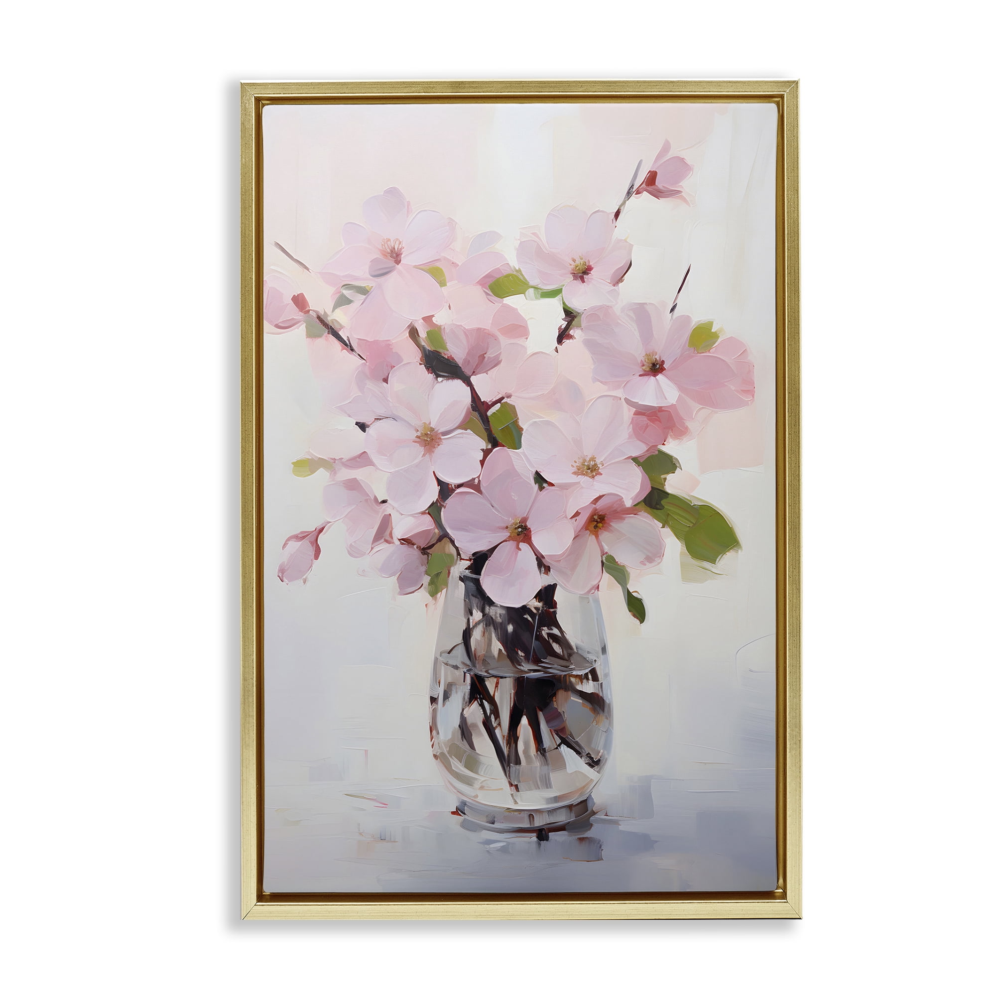 Stupell Industries Rosy Flower Vase Botanical & Floral Painting Gold Floater Framed Art Print Wall Art, 21 x 31