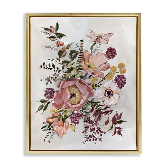 Stupell Industries Rosy Garden Blossoms Arrangement Gold Framed Floater Canvas Wall Art design by Annie Quigley, 21 x 17