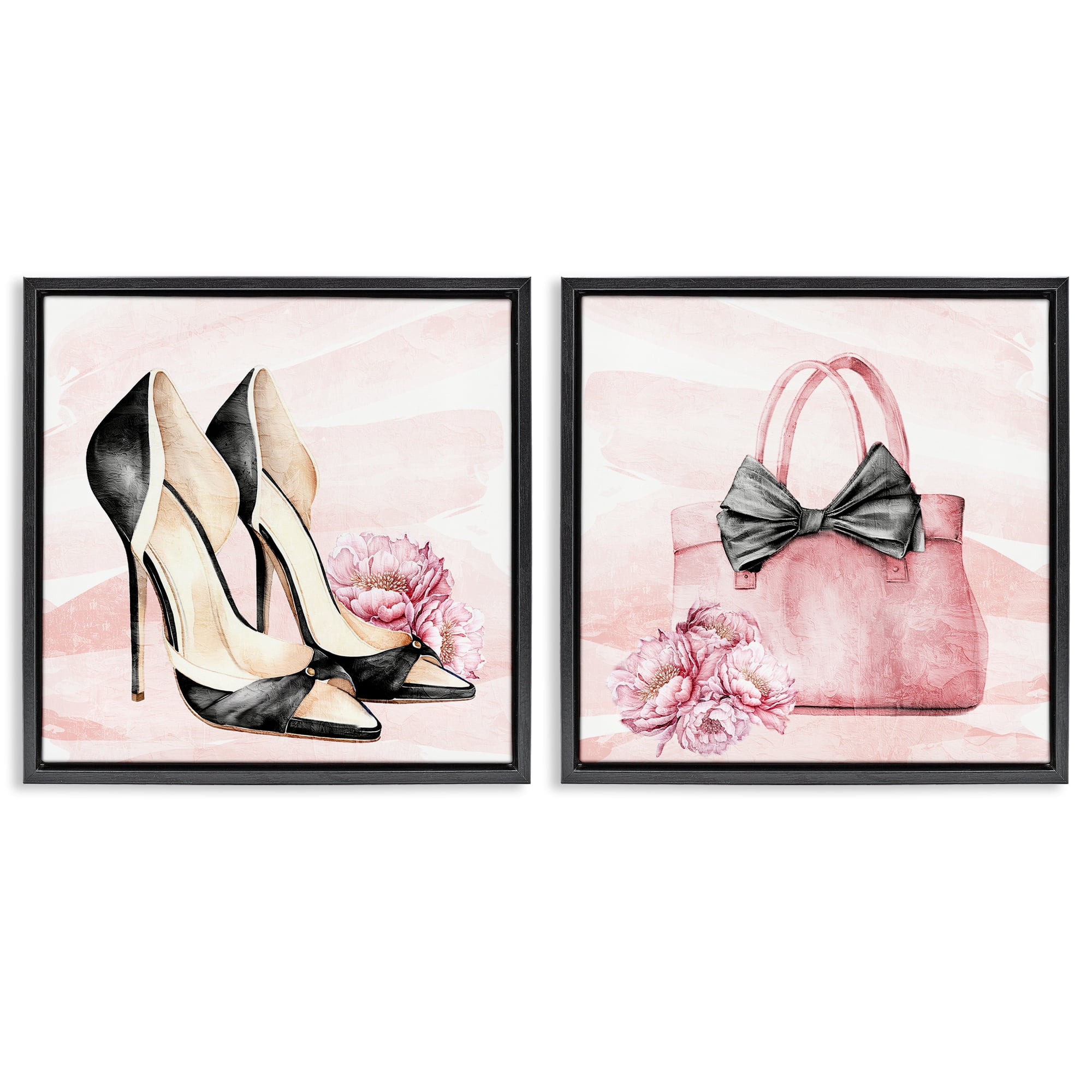 Stupell Industries Rosy Glam Time Shoes 2 Piece Black Framed Floater Canvas Set, design by Kim Allen