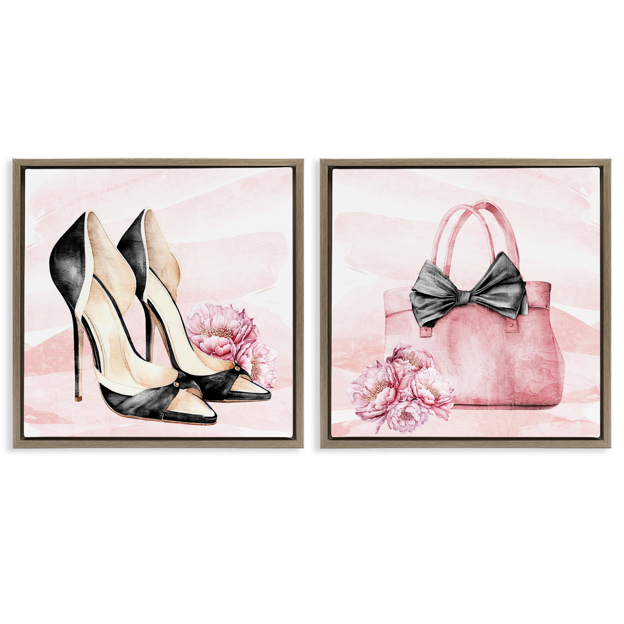 Stupell Industries Rosy Glam Time Shoes 2 Piece Brown Framed Floater Canvas Set, design by Kim Allen