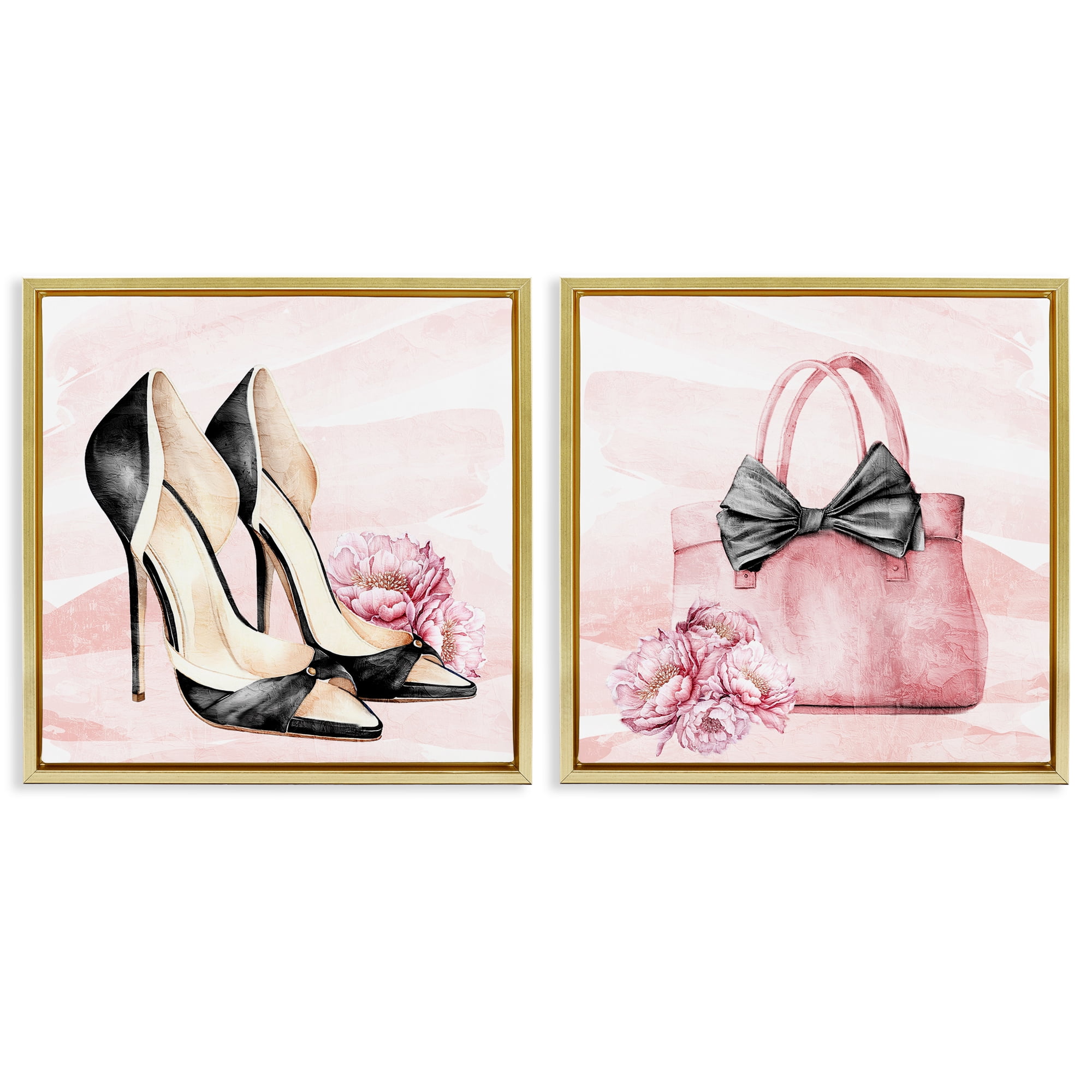 Stupell Industries Rosy Glam Time Shoes 2 Piece Gold Framed Floater Canvas Set, design by Kim Allen
