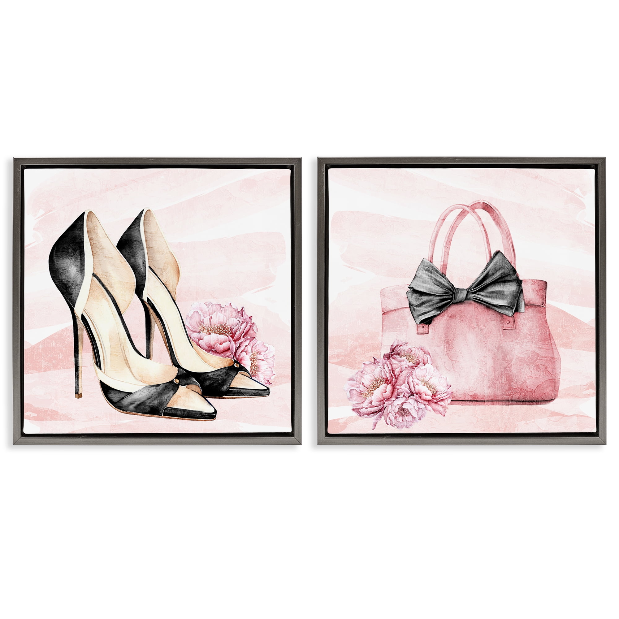 Stupell Industries Rosy Glam Time Shoes 2 Piece Gray Framed Floater Canvas Set, design by Kim Allen