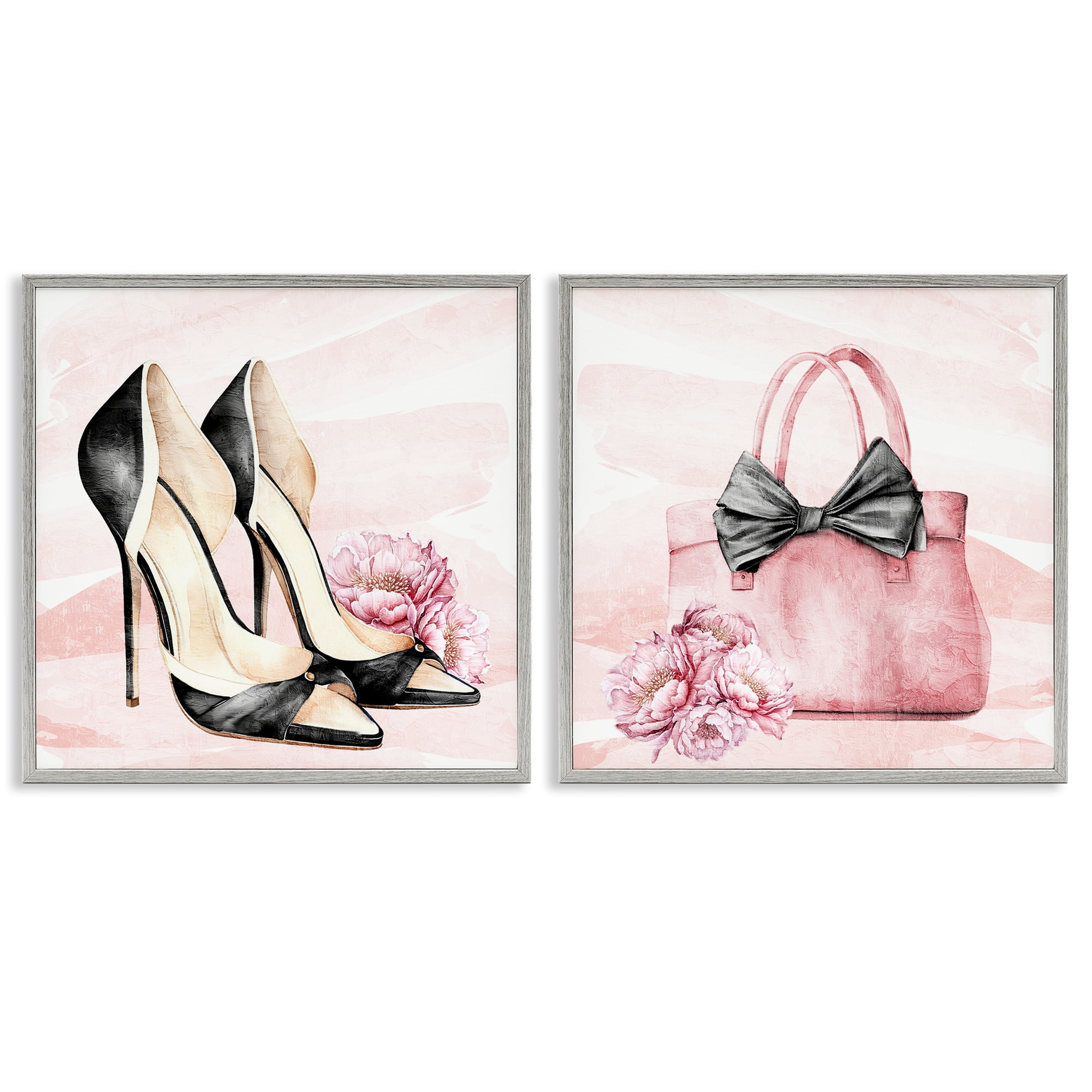 Stupell Industries Rosy Glam Time Shoes 2 Piece Gray Framed Giclee Art Set, design by Kim Allen