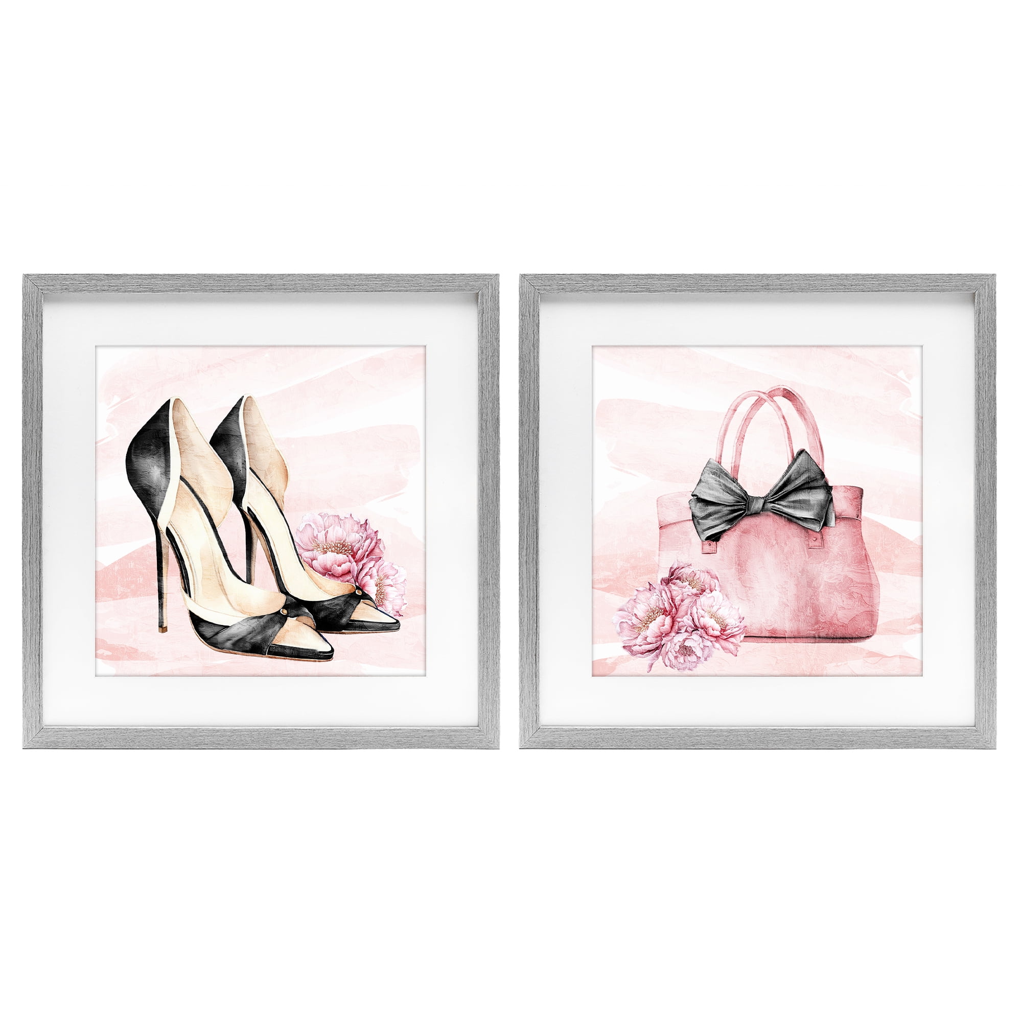 Stupell Industries Rosy Glam Time Shoes 2 Piece Gray Framed Print Under Glass Set, design by Kim Allen