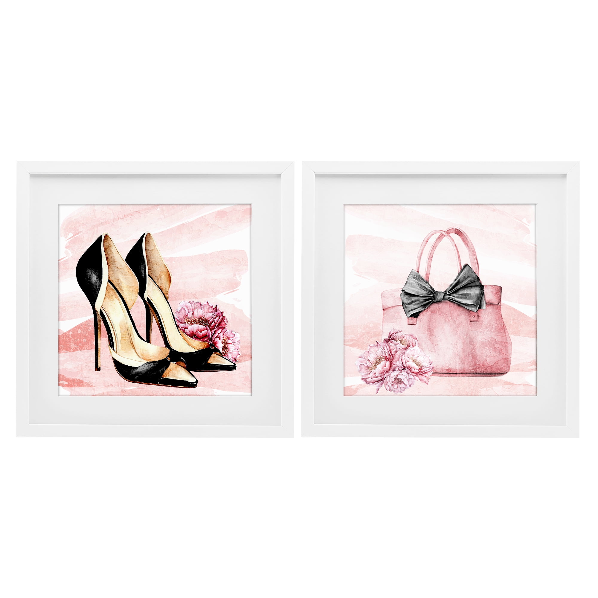 Stupell Industries Rosy Glam Time Shoes 2 Piece White Framed Print Under Glass Set, design by Kim Allen