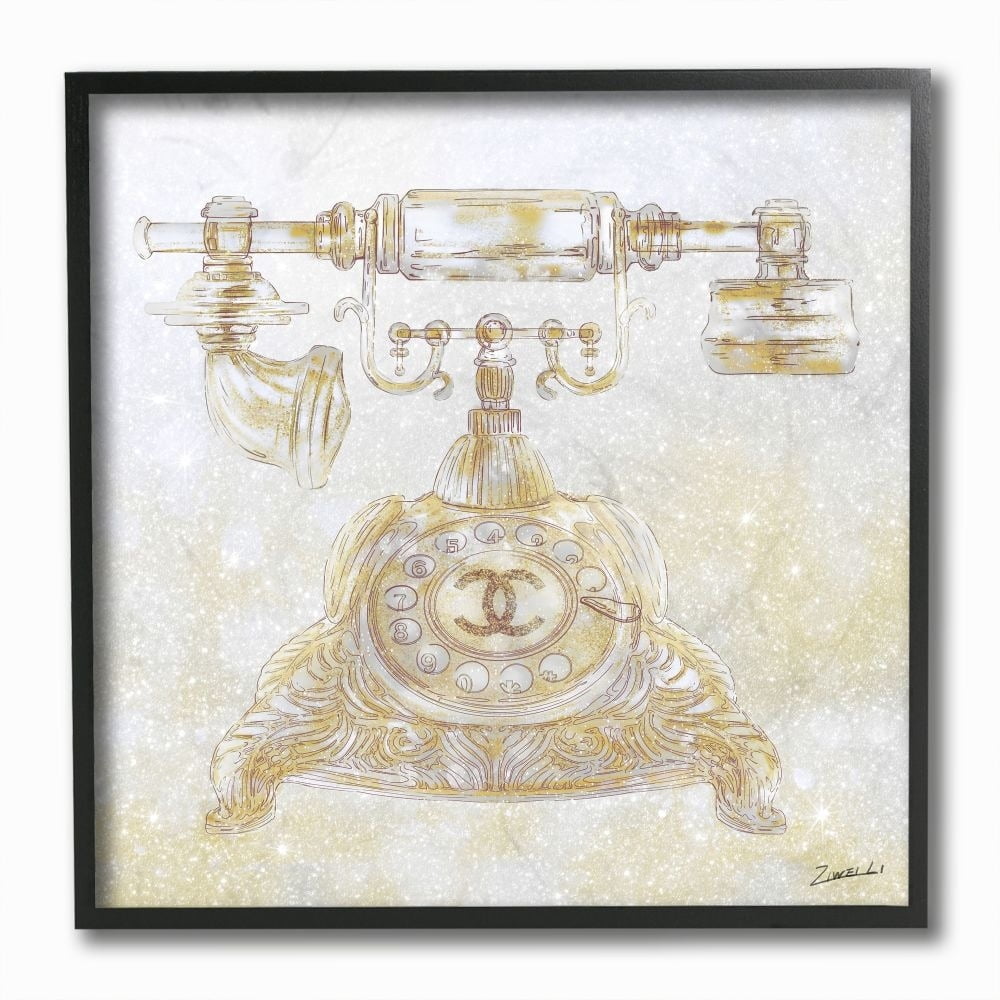 Stupell Industries Rotary Telephone Fashion Brand Gold Glam Design Framed Wall Art by Ziwei Li