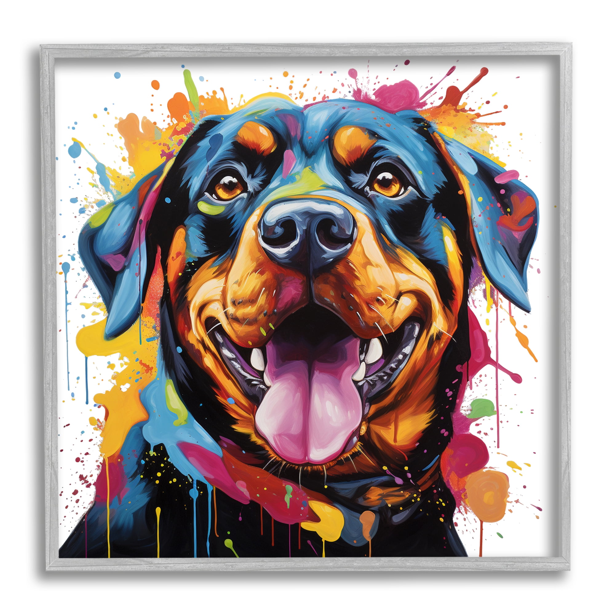 Stupell Industries Rottweiler with Paint Splash Animals & Insects Painting Gray Framed Art Print Wall Art, 12 x 12