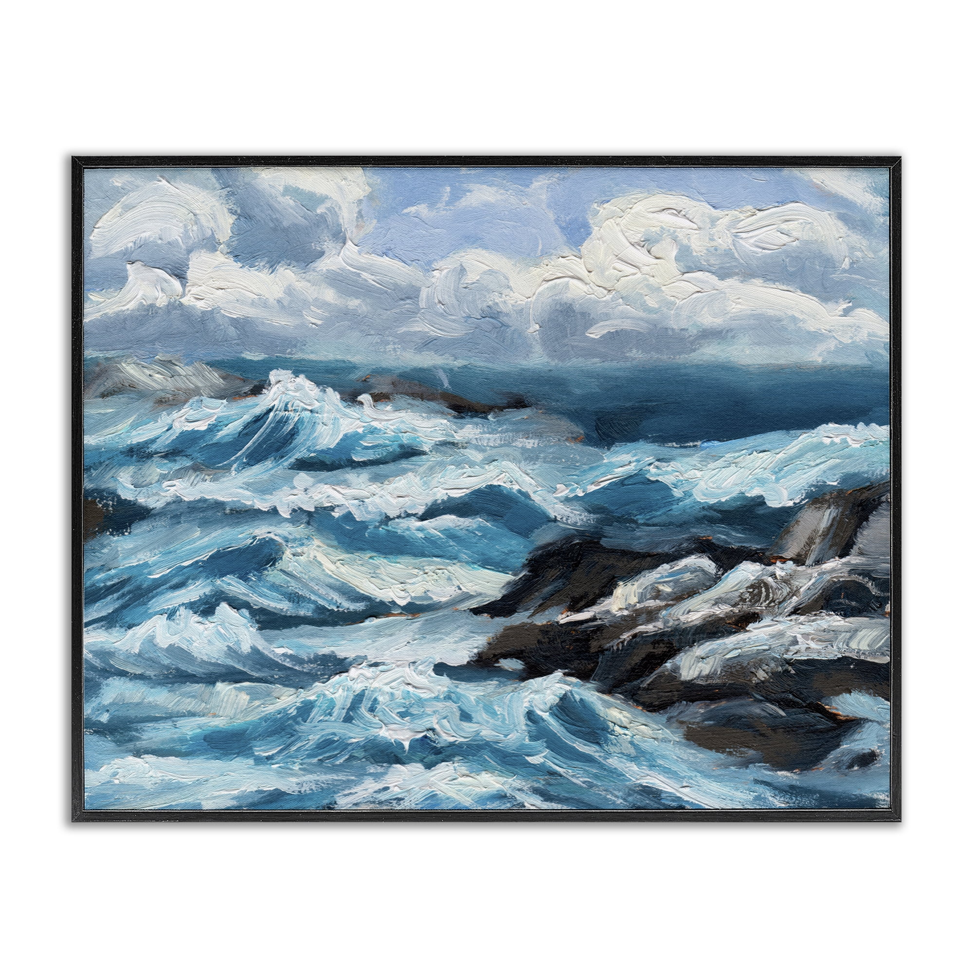 Stupell Industries Rough Sea Waves Splash Nautical & Beach Painting Black Framed Art Print Wall Art, 20 x 16