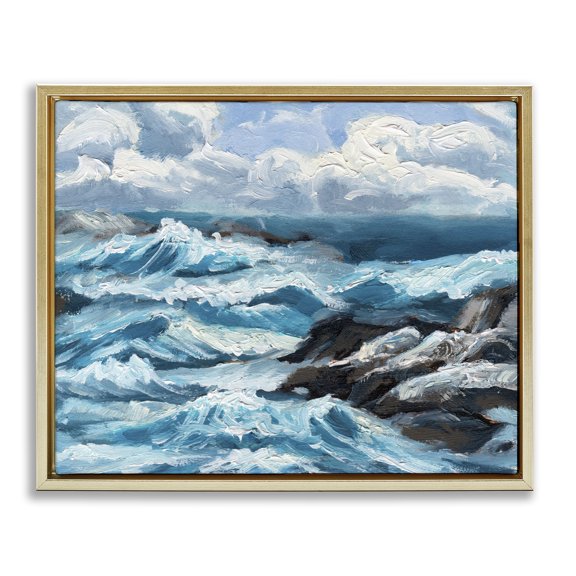 Stupell Industries Rough Sea Waves Splash Nautical & Beach Painting Gold Floater Framed Canvas Art Print Wall Art, 31 x 25