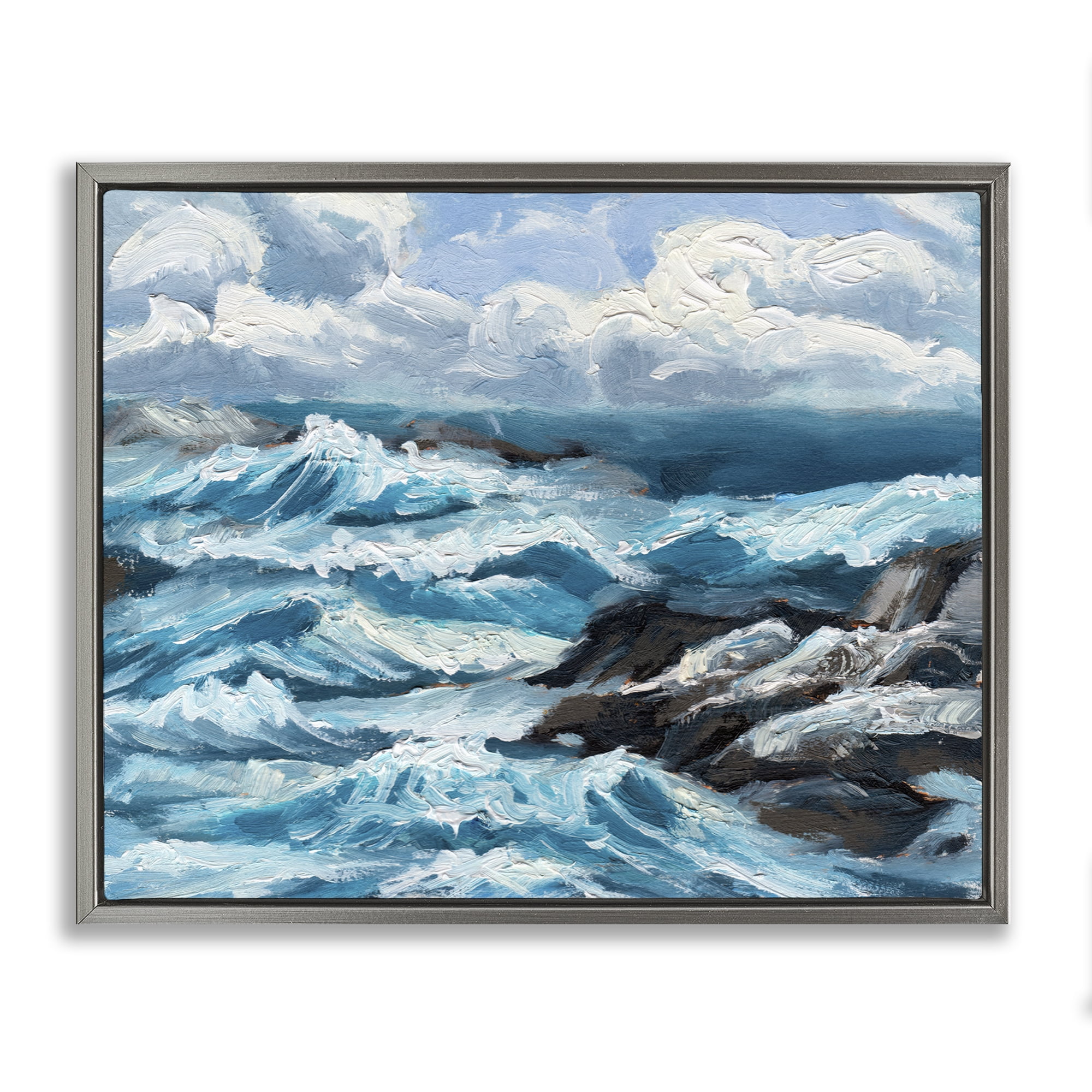 Stupell Industries Rough Sea Waves Splash Nautical & Beach Painting Gray Floater Framed Canvas Art Print Wall Art, 31 x 25